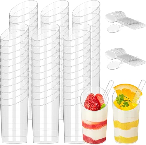 Ruisita Paquete de 60 tazas de postre de 3 onzas, mini tazas de postre de plástico transparente con cucharas inclinadas redondas para servir postre,