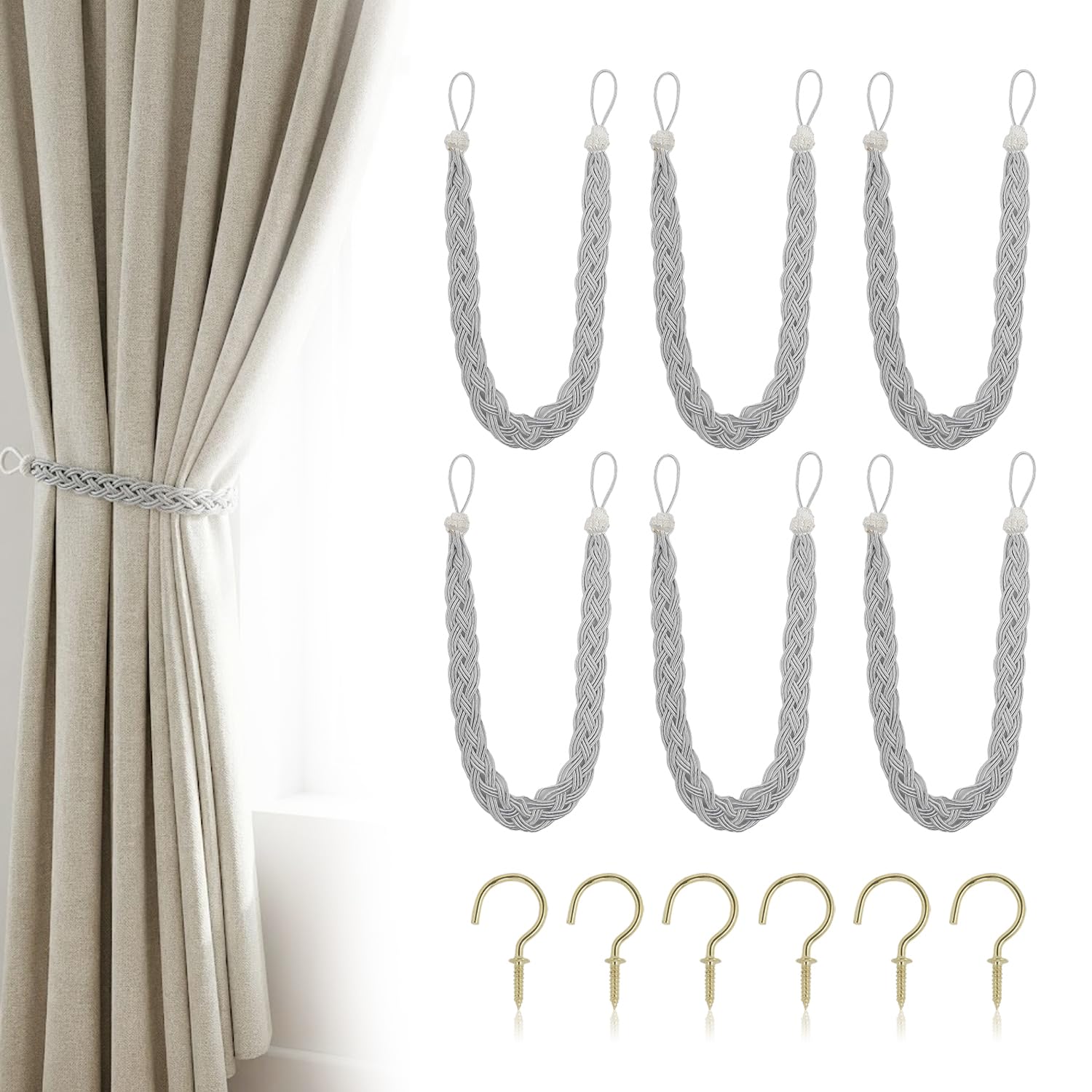 Uxney White Curtain Tiebacks, 6 Pack Hand Braided Rope Curtain Holdbacks with Metal Hooks – Heavy Duty White Tie Backs for Drapes, Window Treatment Decorative Holdbacks for Living Room