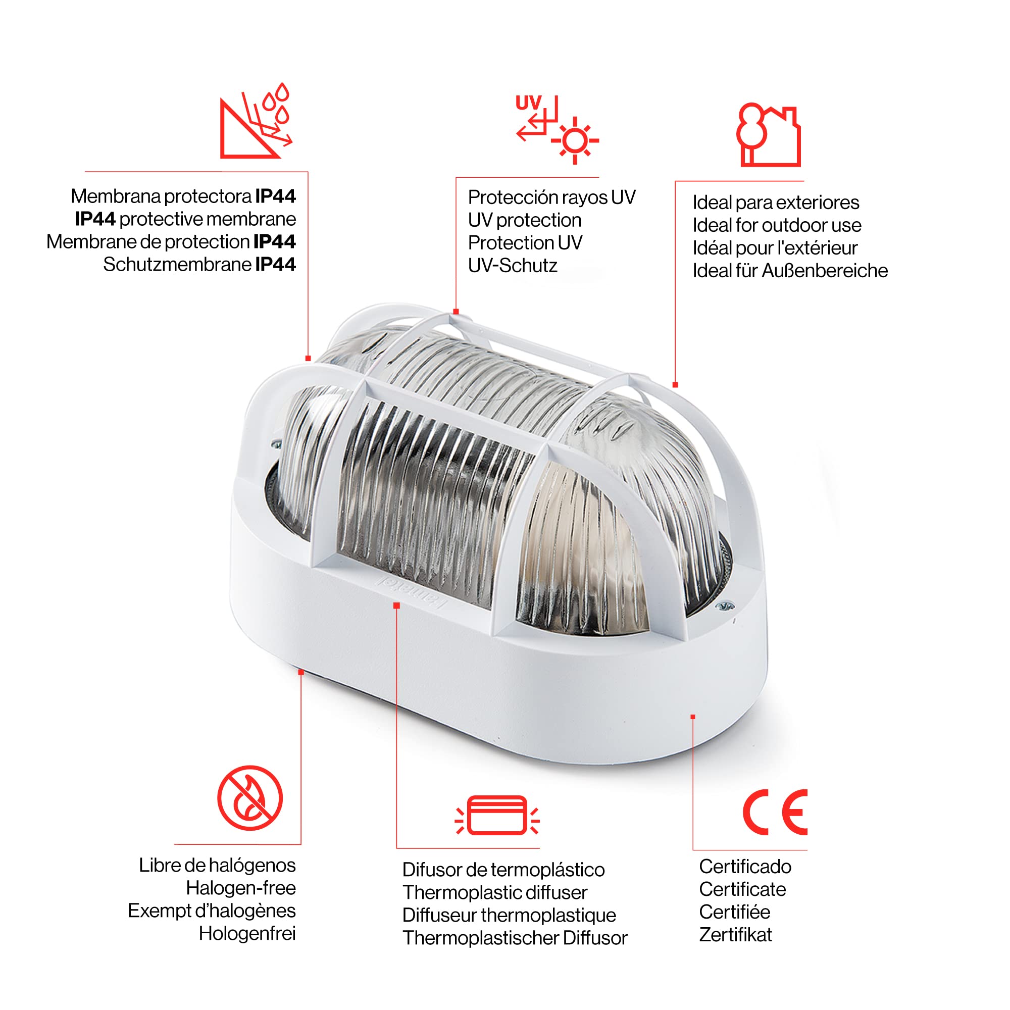 FAMATEL Ovale wandlamp | IP44 | E-27 | 60 W | diffuser van glas | Horizontaal | Lamp E27 | CE-gecertificeerd product | Wit