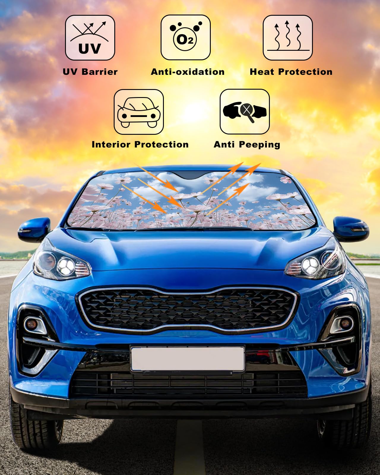Front Car Windshield Sun Shade 27.5x55in, Pink Flowers with Blue Sky and White Clouds Foldable Car Sunshade Blocks Sun UV Rays Protector Car Sun Visor Protector Keep Cool Car Sunshade