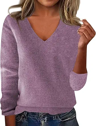 OIOLOYJM Fall Cashmere Sweaters for Women 2025 V Neck Long Sleeve Tops Knitted Pullovers Lightweight Merino Wool Sweater