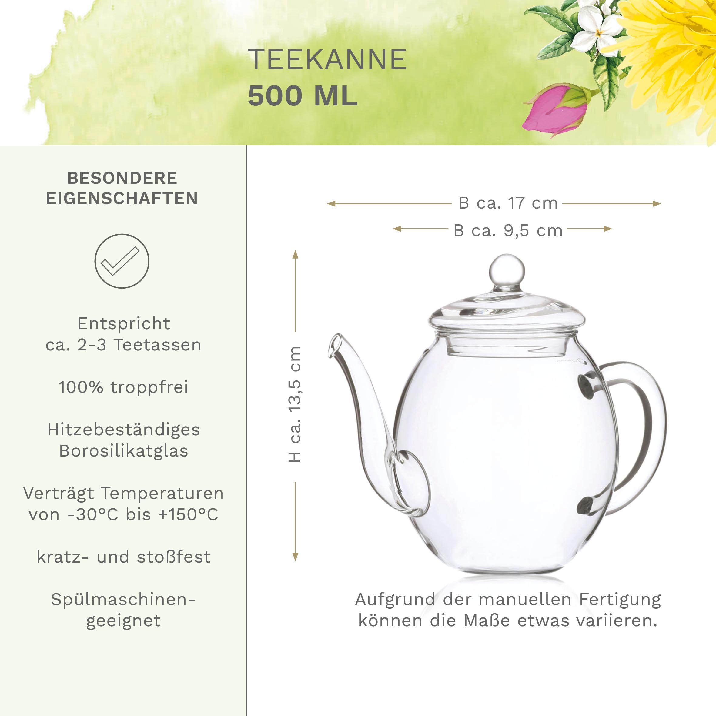 Creano Teeblumen Geschenkset - Flower Design - Erblühtee Frühjahrslese mit 500 ml Glaskanne und 6x grüner Tee - Geschenk zu Valentinstag, Muttertag