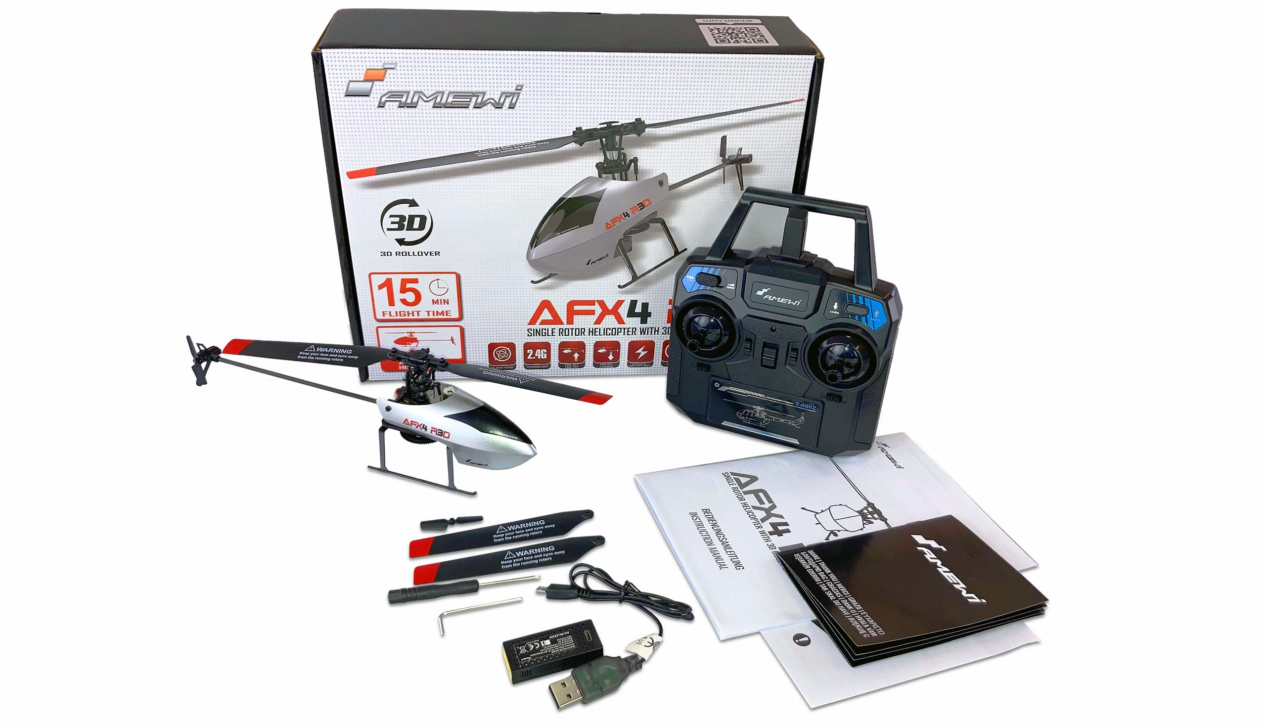 Amewi AFX4 R3D Elicottero singolo a 4 canali, 6G, con funzione rullo 3D, avvio automatico e autolanding RTF RC telecomandati