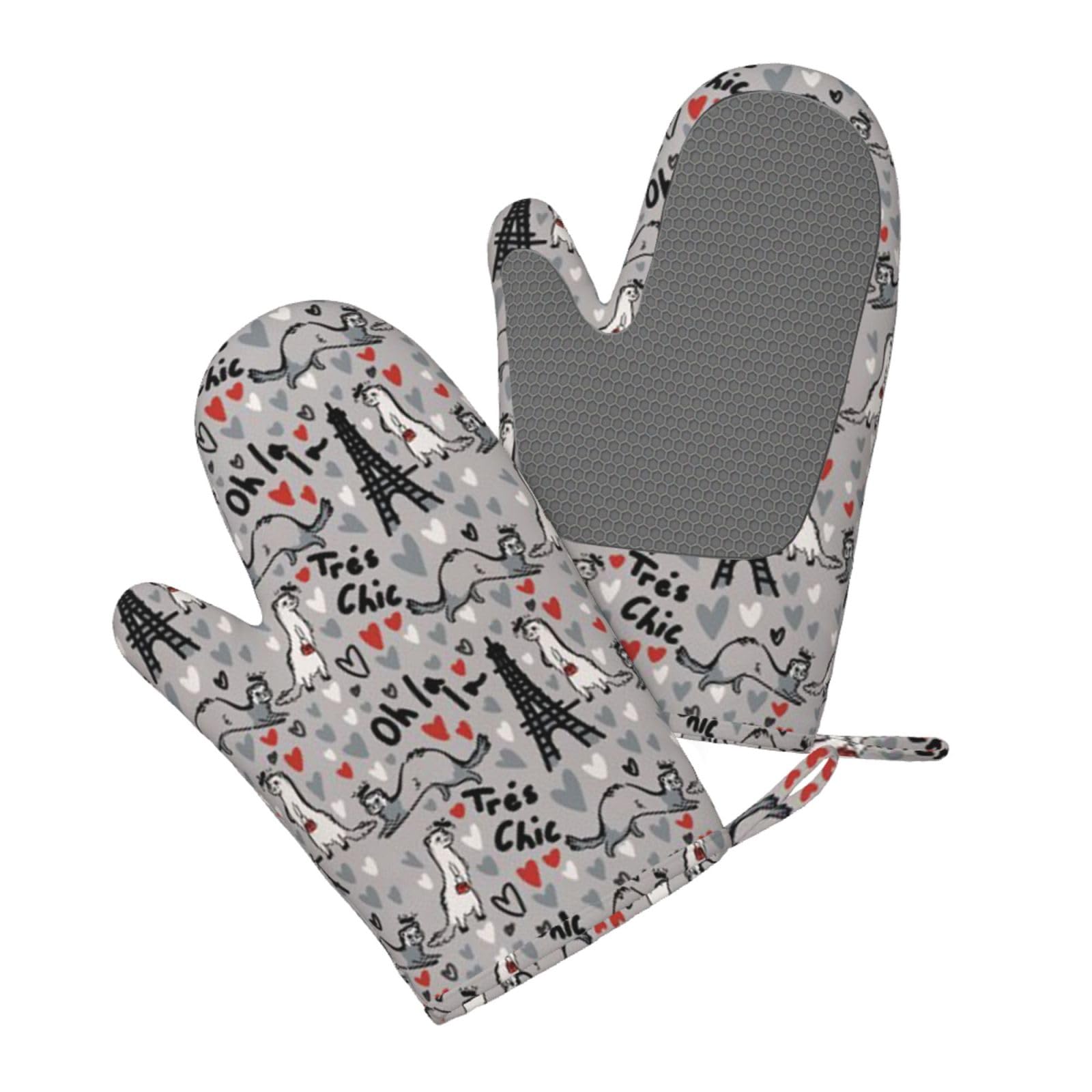 Silicone Oven Mitts Set 2PCS, French Fashion Model Ferrets Printed Heat Resistant Non-Slip Silicone Oven Gloves for Kitchen Cooking Baking Microwave