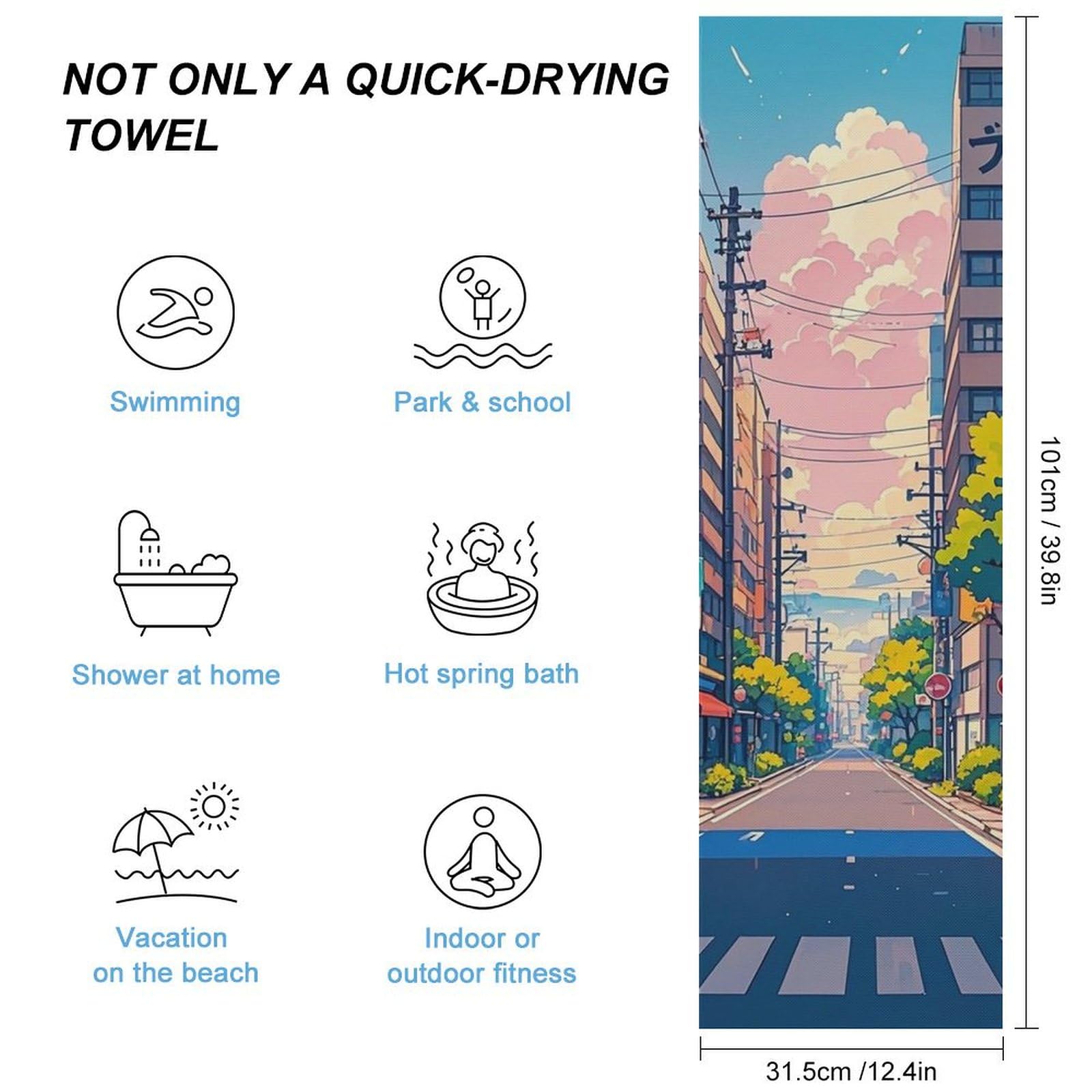 FHESDCW Japanese Streets Towel Quick Dry Ice Towels for Hot Weather Breathable Camping Towels Sweat Super Absorbent Bathroom Towel for Gym Yoga Pilates Exercise