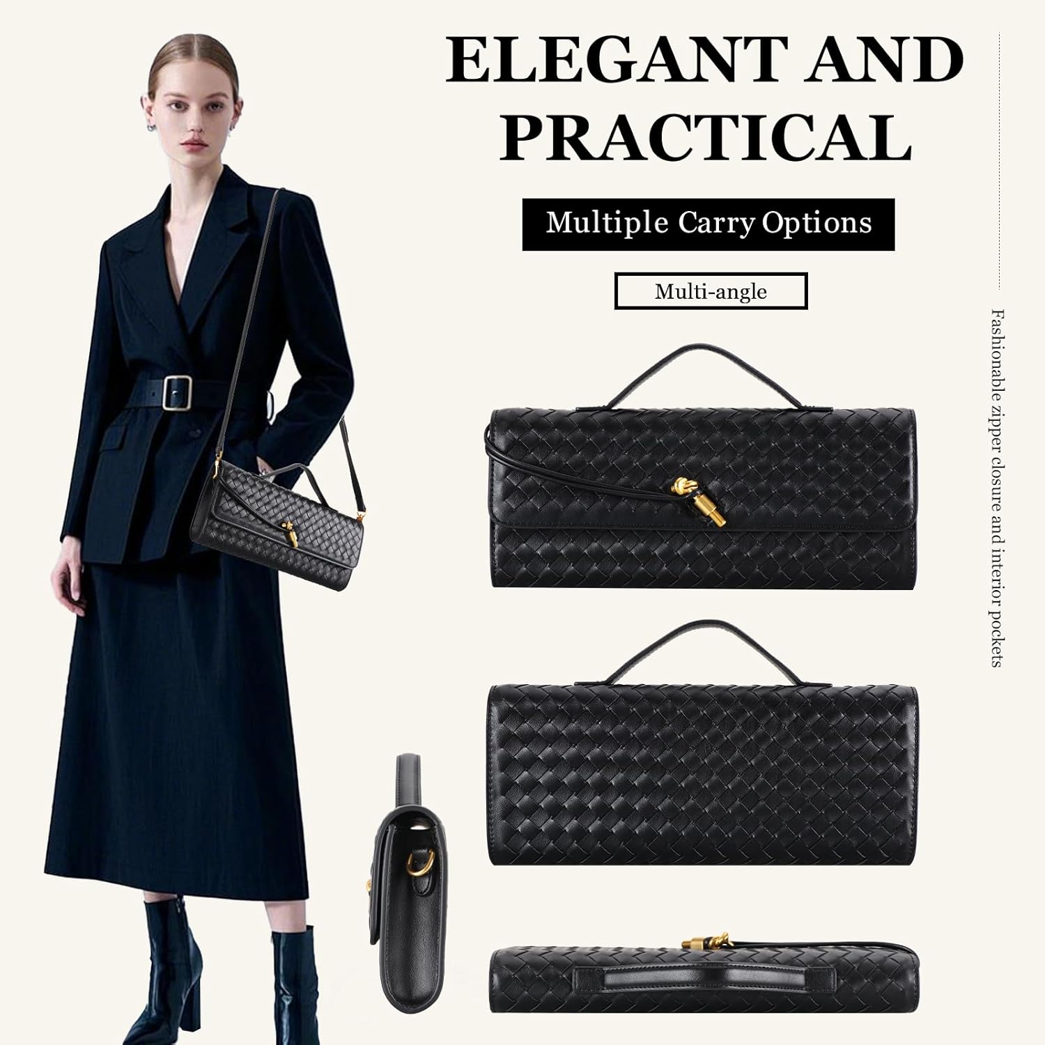 Pu Leather Woven Bag Purse,Black Clutch, Woven Evening Bag For Women 11.8" x 1.7" x 4.9" - Image 5