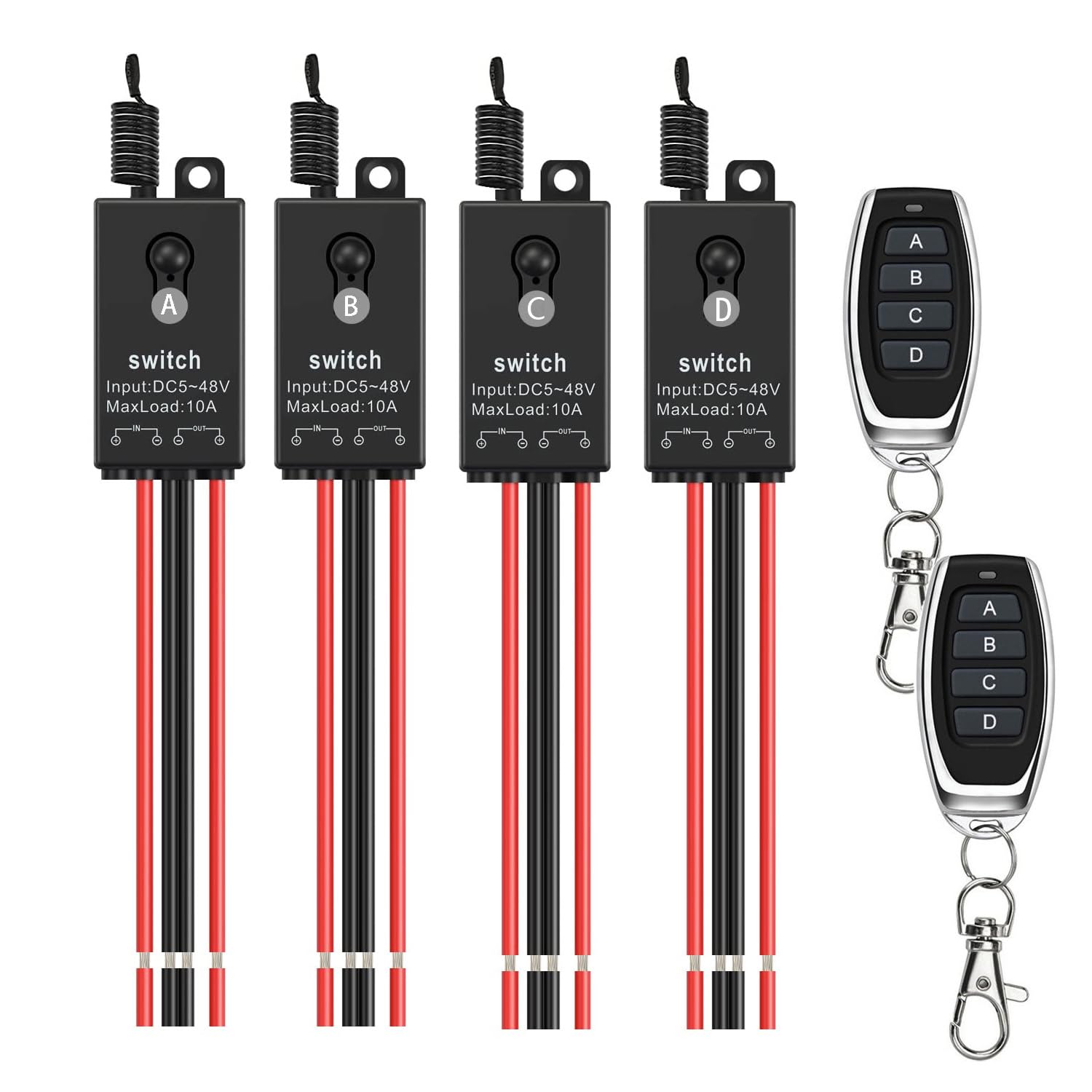 Interruptor inalámbrico de 12 V, mini interruptor inalámbrico de 4 canales con mando a distancia, DC12 V-48 V 10 A, interruptor de luz inalámbrico con alcance largo de 328 pies para puerta de