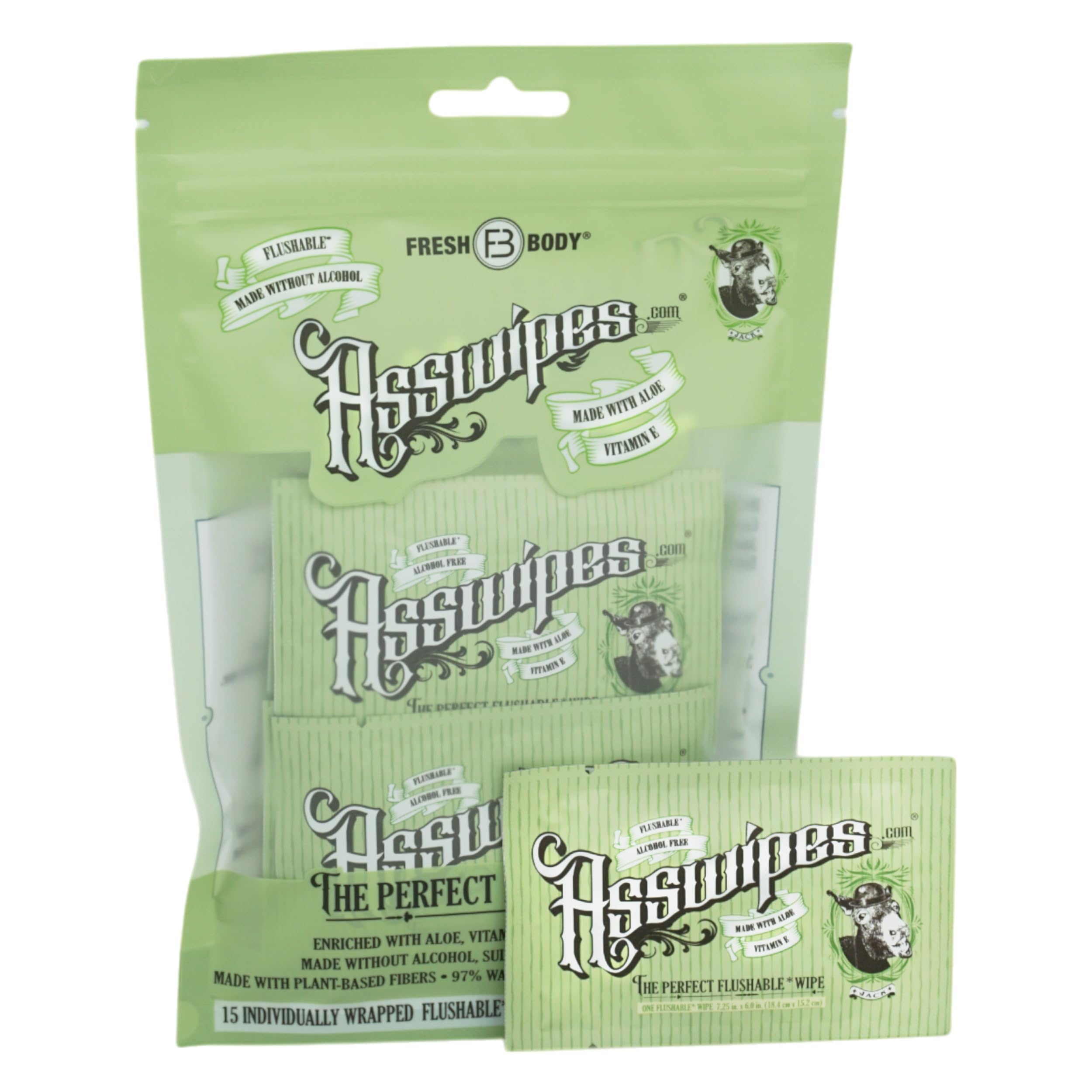 Asswipes Flushable Wipes for Adults 15 Count, Individually Wrapped Travel Flushable Butt Wipes - Extra-Large, Alcohol-Free with Aloe and Vitamin E, No Added Fragrance
