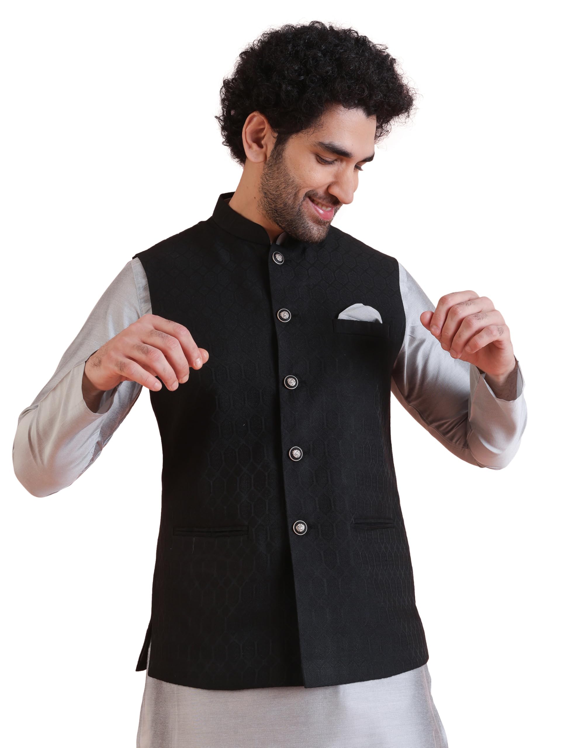 Men's Jacket, Black Jacquard, Woven Design Regular Fit Mandarin Collar Sleeveless-image-49