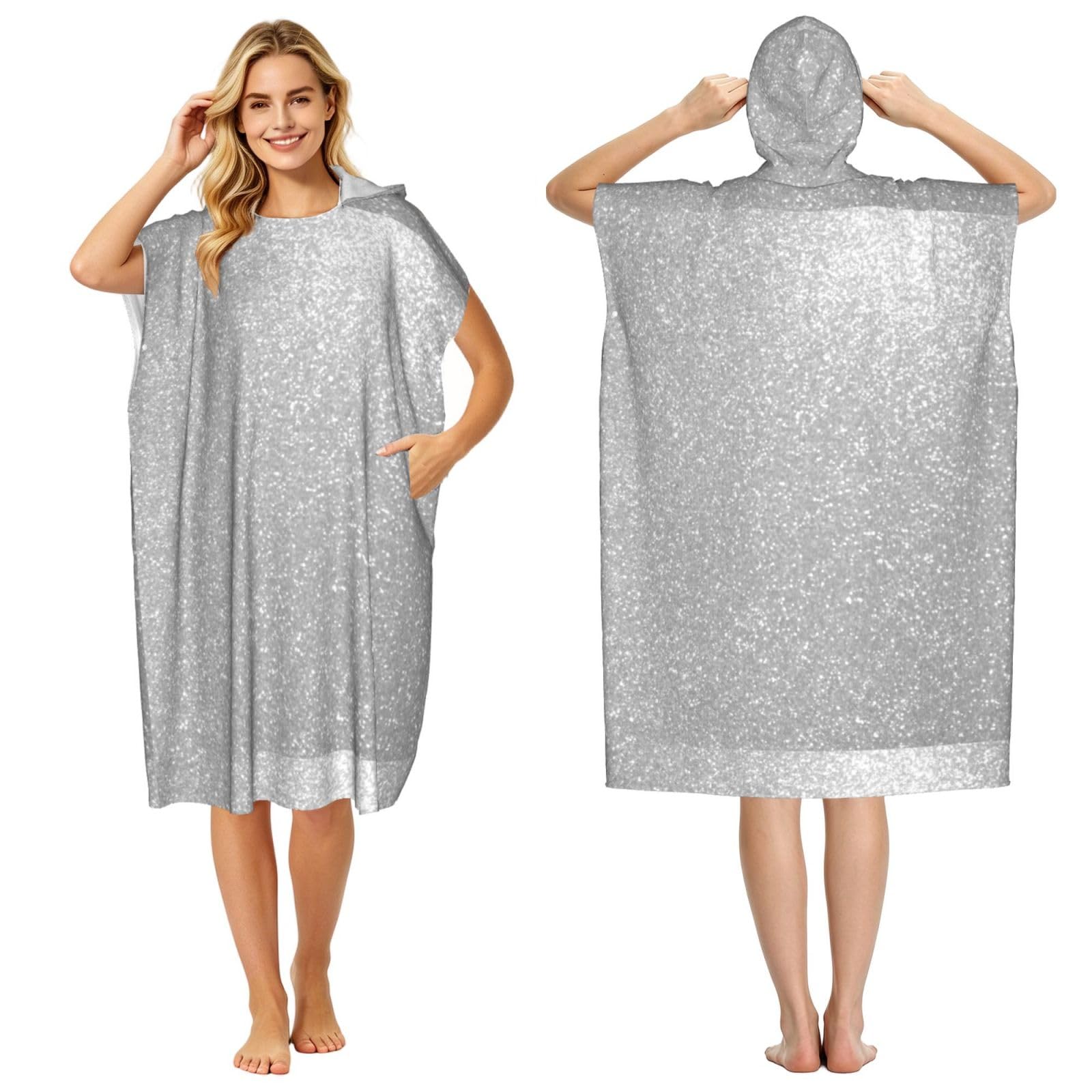 Poadnly Faux Sparkly Silver Glitter Printed, Adult Hooded Beach Towel 90 x 110 cm,Changing Bath Robe, Surf Poncho Towel For Women Men