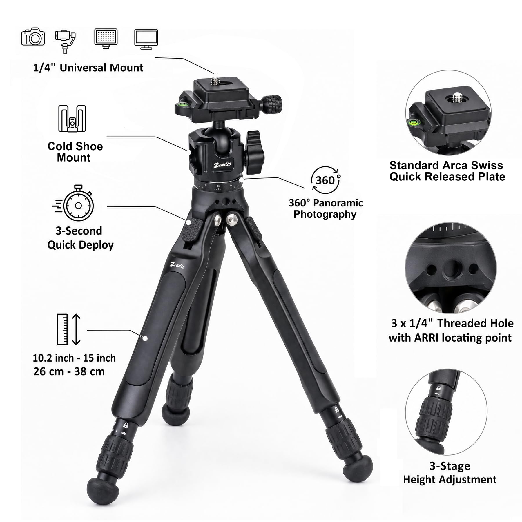 Zeadio Kamera-Stativ-Set, 3-stufig höhenverstellbares Stativ mit Arca-Kugelkopf, Handy-Ständer und Action-Kamera-Adapter, perfekt für Aufnahmen, YouTube, Filmen, Vlogs usw