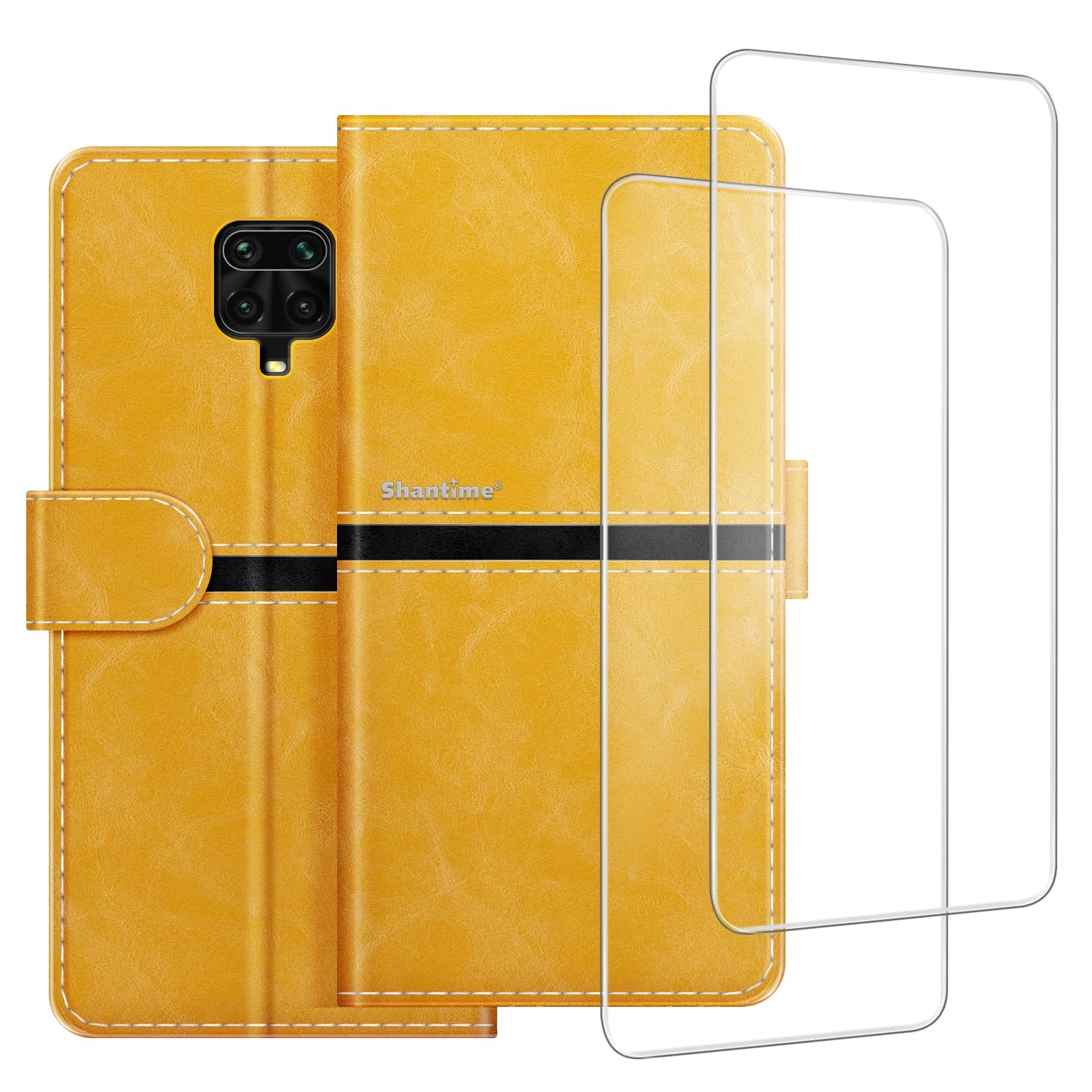 Phone Case Compatible with Xiaomi Redmi Note 9 Pro + [2 Pack] Screen Protector Glass Film, Leather Magnetic Protective Case Cover for Xiaomi Redmi Note 9 Pro Max (6.67 inches) Gold