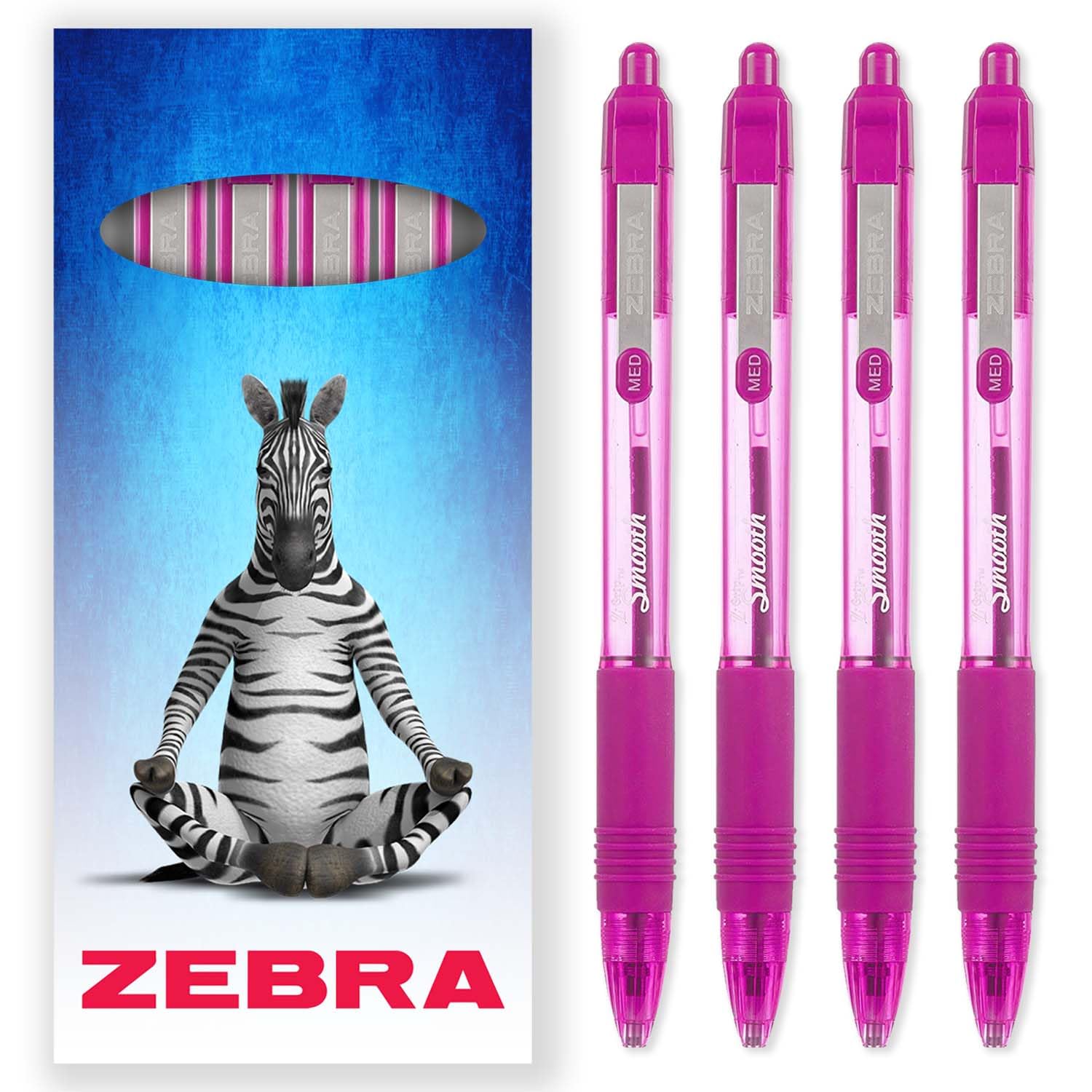 Zebra Z-Grip Smooth Ink Retractable Ballpoint Pen - 1.0mm Nib - Pack of 4 Pens - In Gift Box Packaging (Pink)