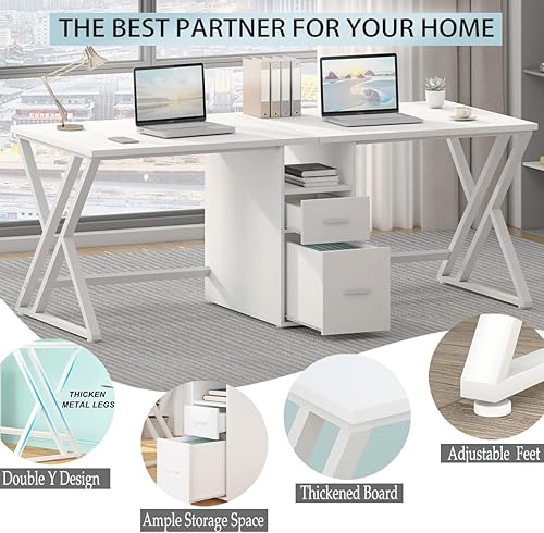 Miniatura 4 de LVB Escritorio grande para dos personas, escritorio industrial doble para computadora con cajones, escritorio extra largo para juegos con estante de