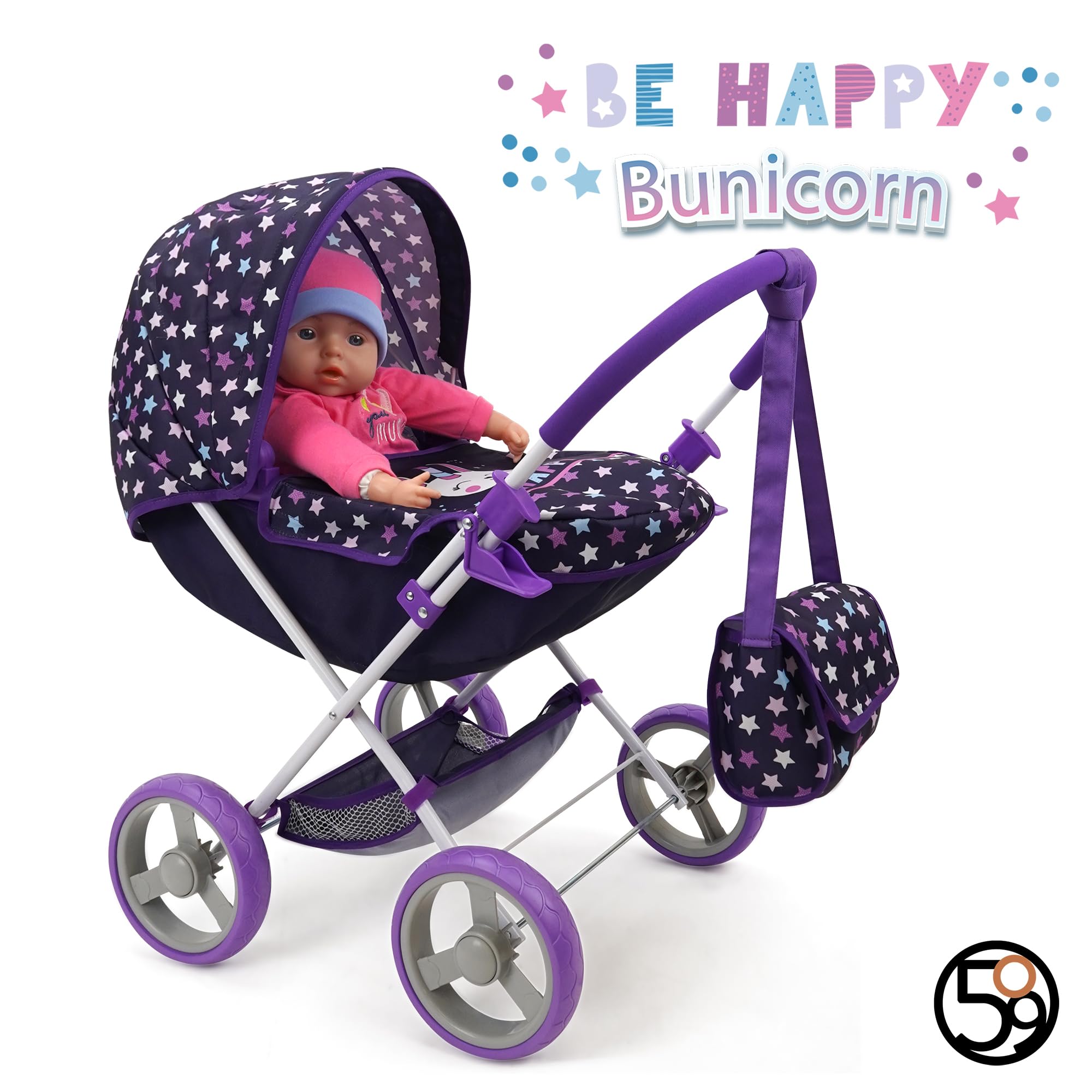 509 Crew Bunnicorn Combo de Juego de 8 Piezas: Cochecito Clásico, Silla Alta, Bolsa de Pañales, 5 Juguetes de Alimentación para Muñecas de 46cm, Juego de Simulación para Niños de 3+