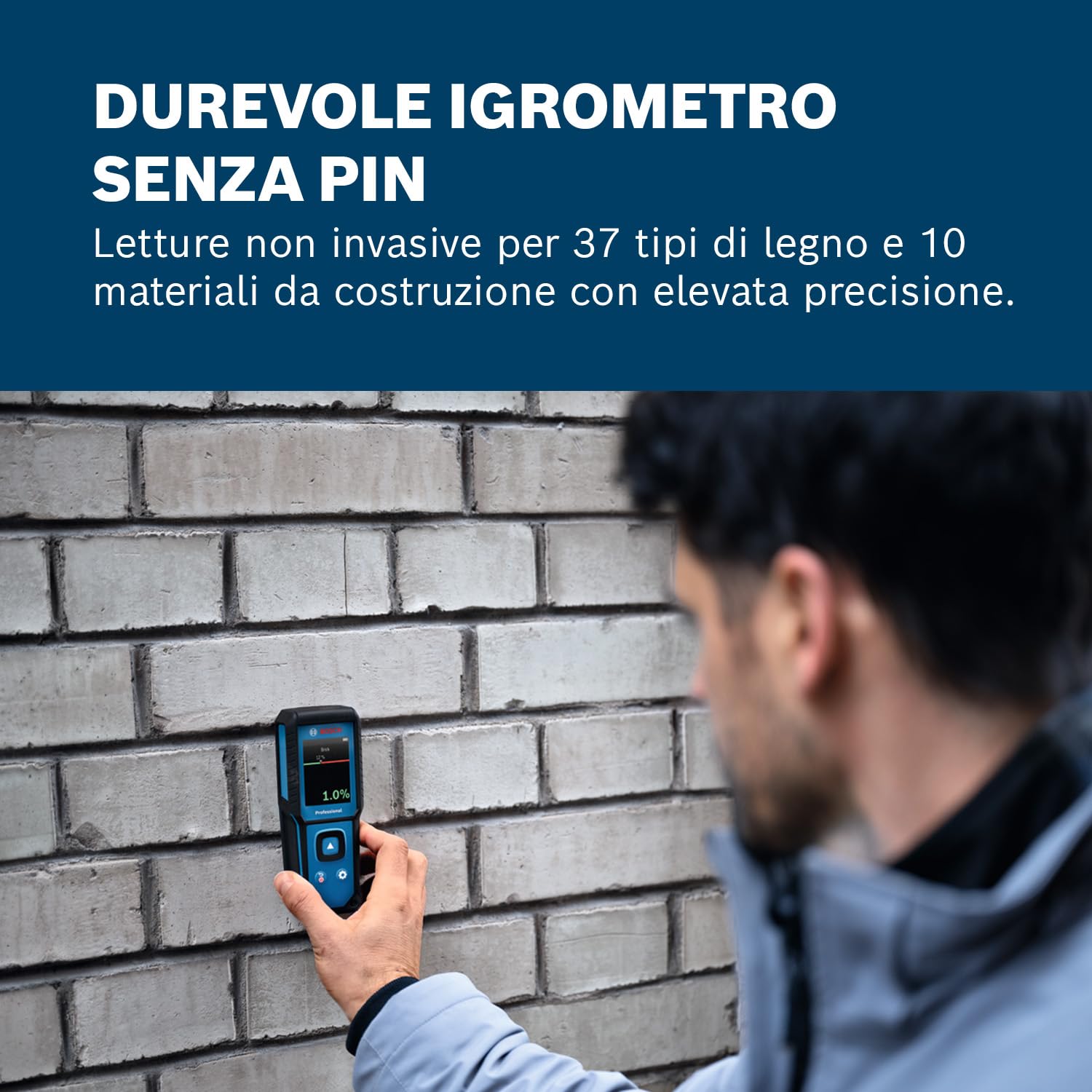 Bosch Professional Igrometro senza pin GMM 1-15 (non invasivo, misura 37 tipi di legno e 10 materiali da costruzione, protezione IP65, 2 batterie AA, custodia)