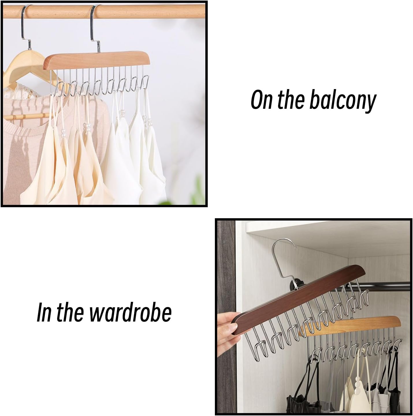 Wooden Belt Hanger 2 Pack, Non Slip Bra Hangers (1Wood Color 1White)
