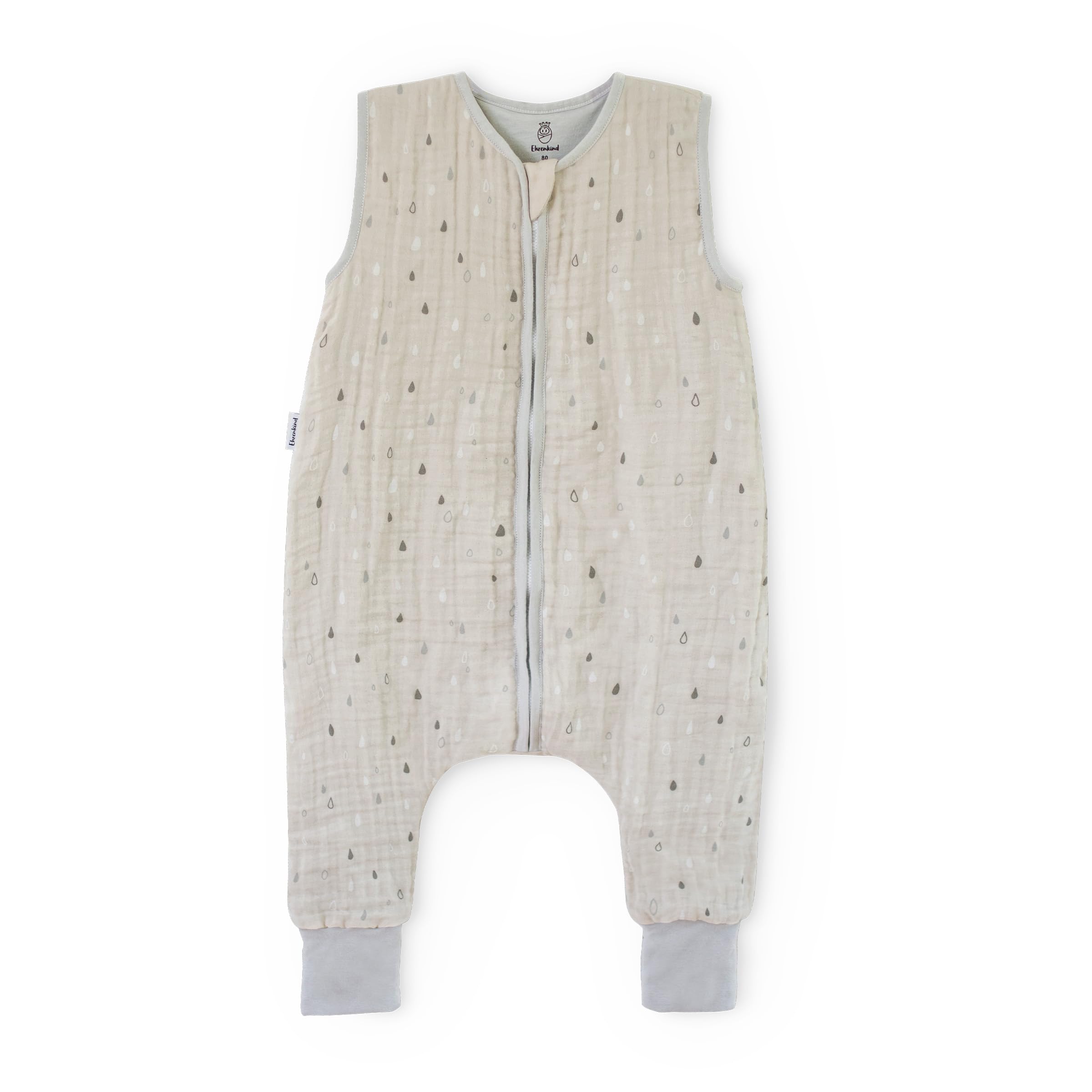 Ehrenkind® Baby Sommerschlafsack mit Füßen Musselin | aus weicher OEKO-TEX zertifizierter Bio-Baumwolle | Sommer Baby Schlafsack 1 TOG Gr. 70 Farbe Natur-Graue Tropfen