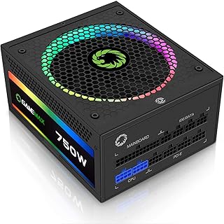 GameMax 750W RGB Power Supply (No Power Cable inc.), Modular, RGB Rainbow LED Lighting, RGB Switch, 80 Plus Gold, 90% Efficiency, 14cm Cooling Fan, A Power Supply with a Premium Performance | Black