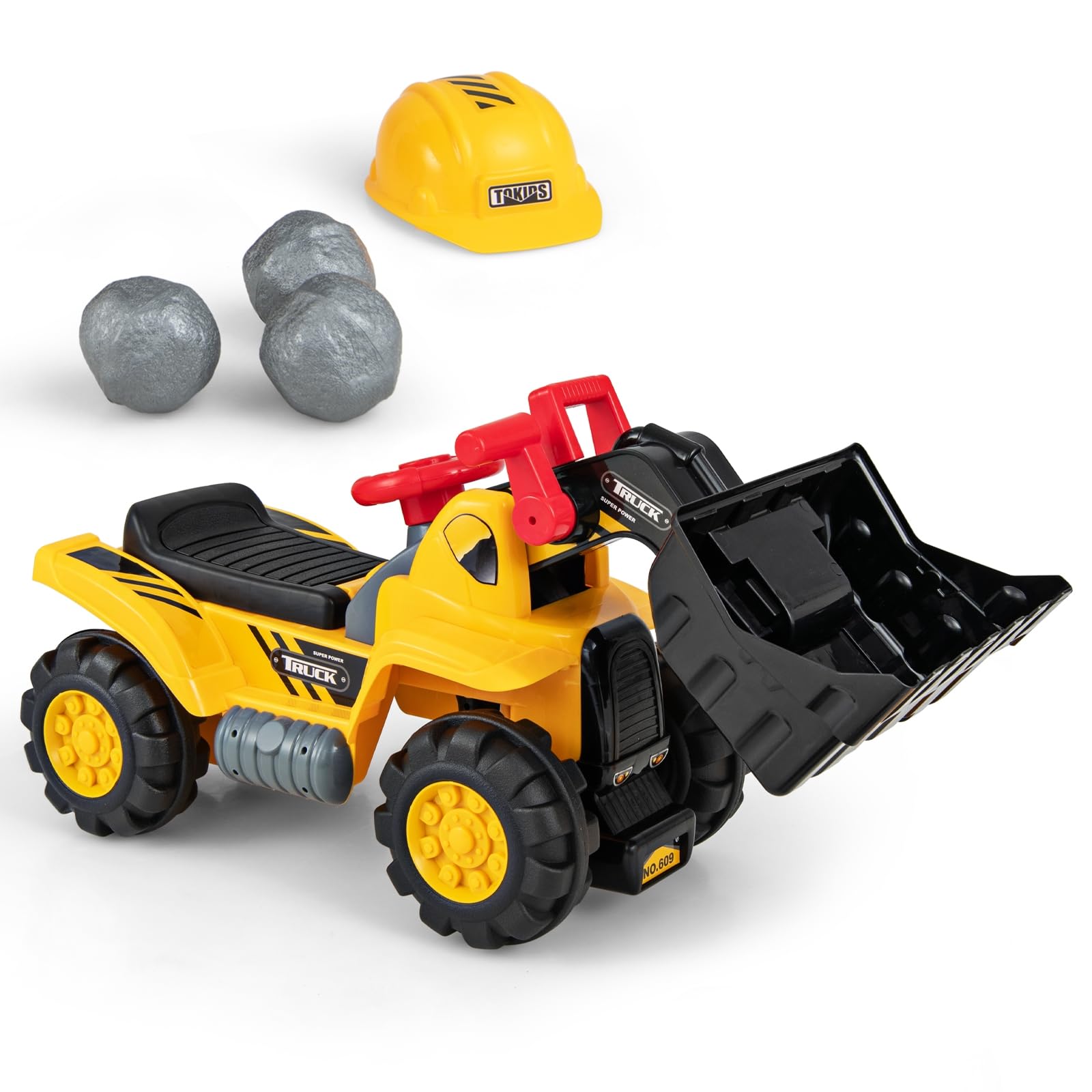 DREAMADE Kinder Sitzbagger, Aufsitzbagger mit Schutzhelm & 3 Spielsteine, Schaufel & Stauraum, Sandbagger mit Sound-Tasten, Bagger zum draufsitzen für Kinder ab 3 Jahren