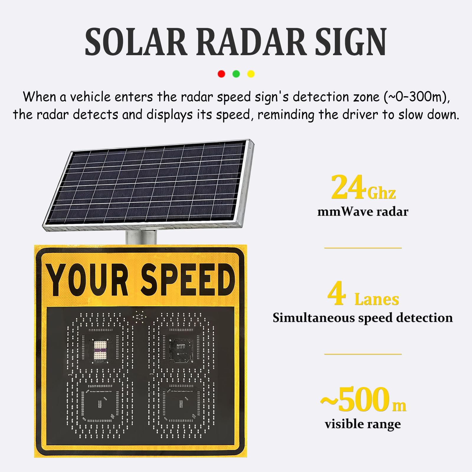 Pantalla De Velocidad Radar Alimentada por Energía Solar 24"x24"(24"x27"), Panel De Advertencia De Retroalimentación De Tráfico para Pantalla De Velocidad, Resistente A La Intemperie 3 Digit