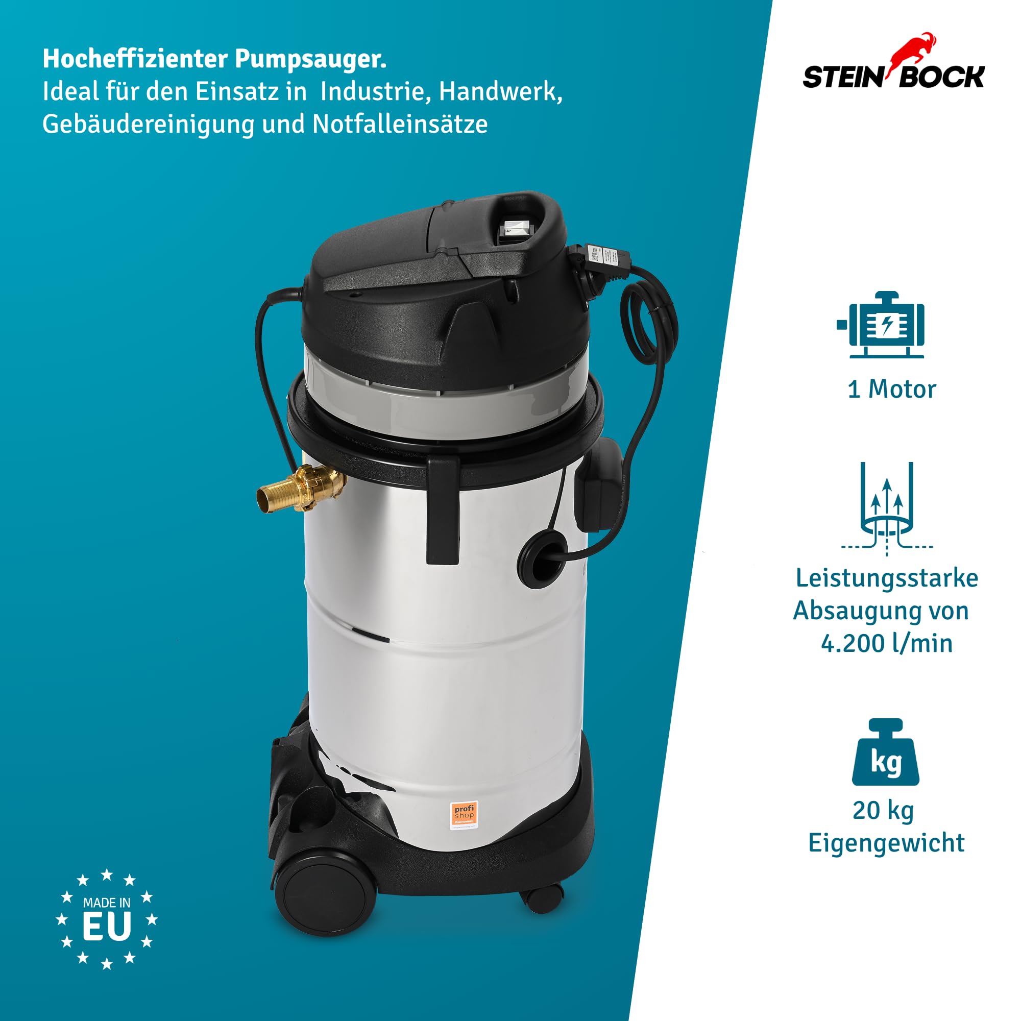 Steinbock Pumpsauger | 1.200 Watt | 41 l Edelstahlbehälter | Nasssauger mit integrierter Tauchpumpe für effizientes Abpumpen | Wasserdurchfluss-Ventil | Durchgehende Flüssigkeitsaufnahme und -abfuhr
