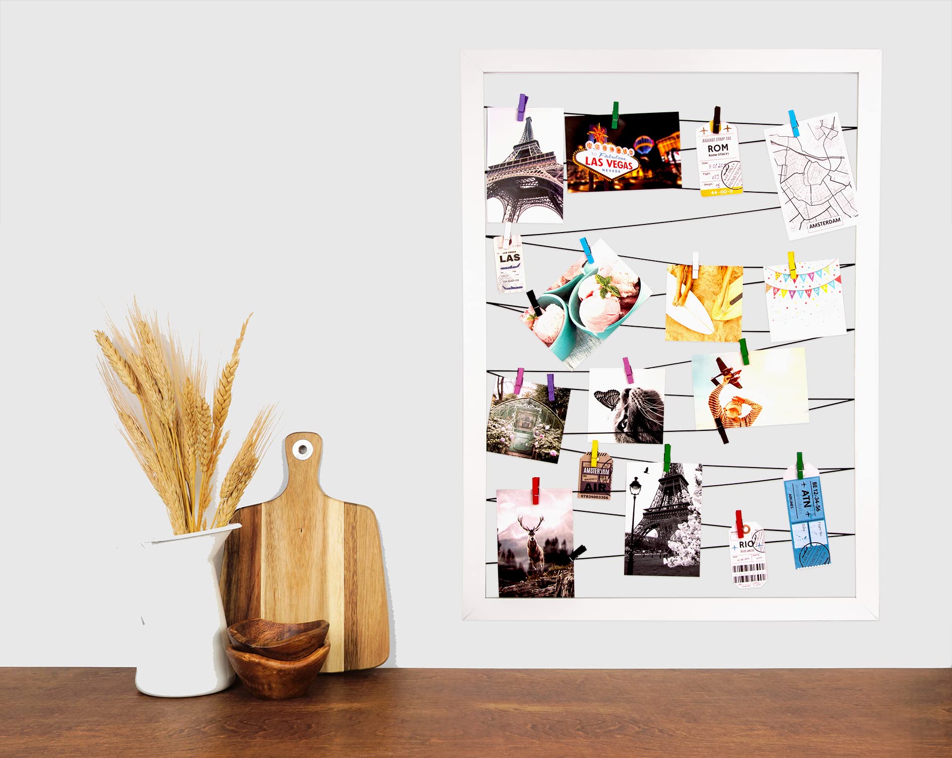 BigDean Fotohalter weiß 75x55 cm mit 20 Holz Klammern und Leine - Pinnwand für Fotos – Bilderrahmen groß Galerie für an die Wand