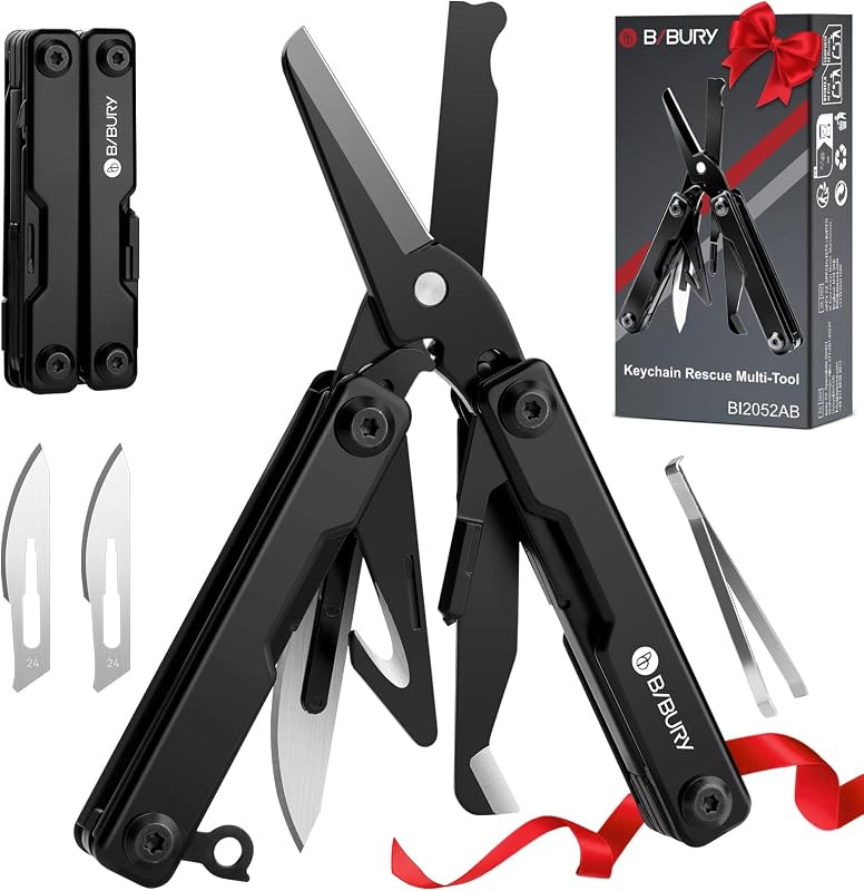 BIBURY Mini Multitool BI2052AB, EDC Multitool Scissors w/Window Breaker, Seat Belt Cutter, Bottle Opener for Outdoor Survival, TSA Approved Keychain Multi-tool Cool Gadget, Gift for Men Women