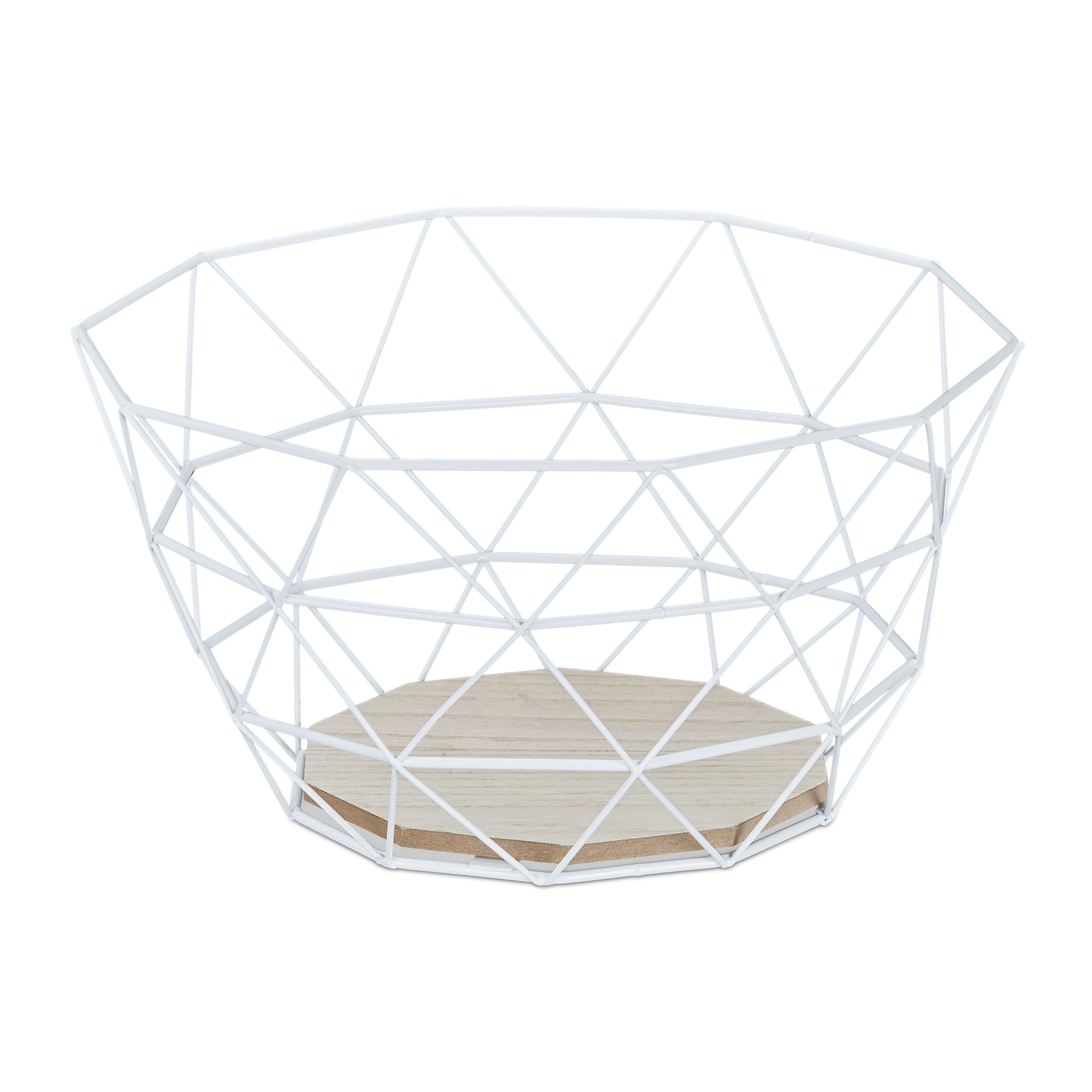 Relaxdays Obstkorb – Offene Obstschale aus Eisen mit Holzboden im Industrial Design, Weiß