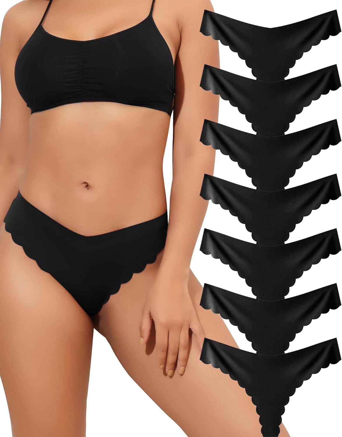 LEVAO Seamless Thongs for Women-No Show Underwear-Invisible Silky Panties- Sexy V-waisted Wavy Sides G-String Panties 7 Pack