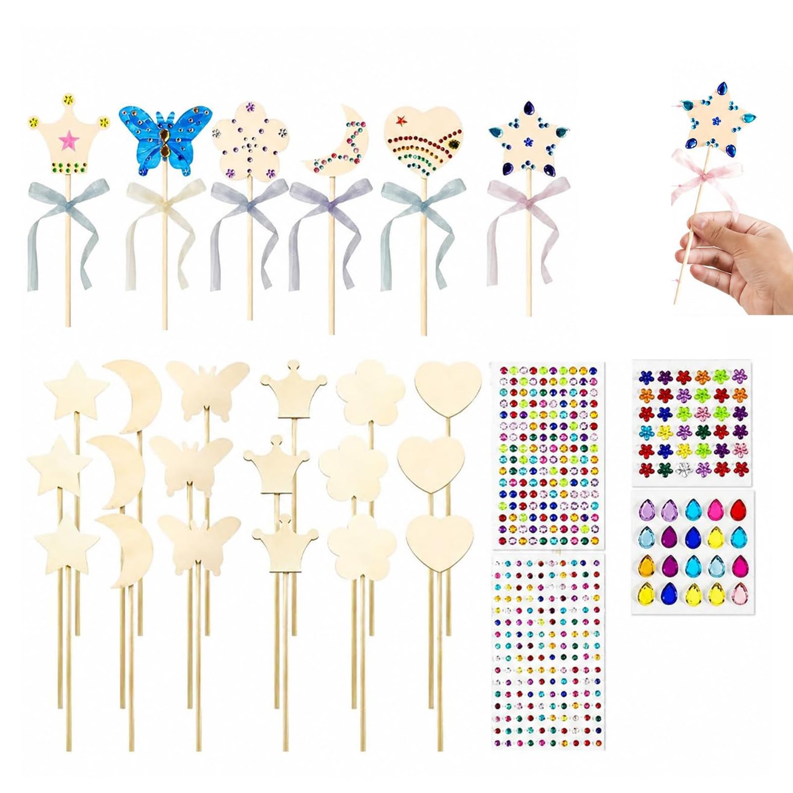 DIY Wooden Decorative Wand Set – 18-Piece Craft Kit with 6 Hollow Shapes, Stickers & Ribbons, 30cm Wooden Sticks for Creative Projects, Home Decoration, Crafting & Party Activities Black