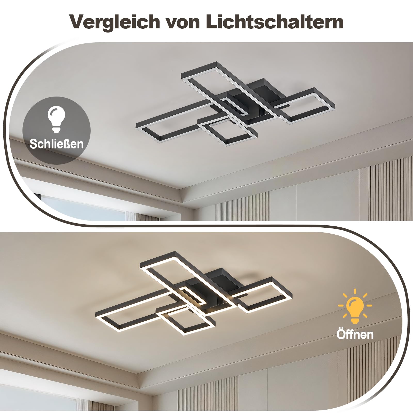 LED Deckenleuchte Modern Schwarz Quadratisch 66 cm Lampe Wohnzimmer 48 W