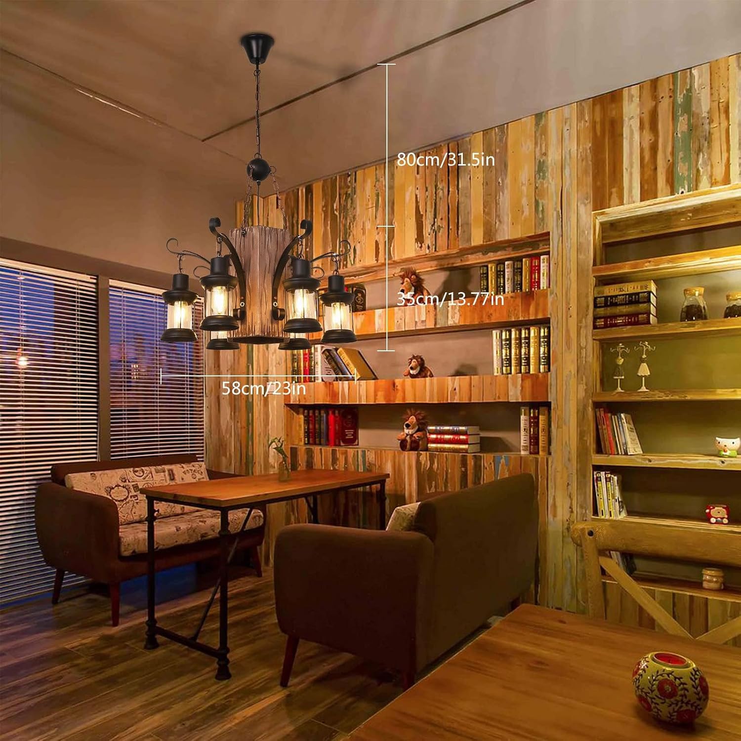 OUKANING Distressed Wooden Chandelier Retro Rustic Pendant Light - Industrial Suspension Ceiling Light line Can be Adjusted ly for Dining Table Vintage Kitchen, Bar, Island (6 lamp)