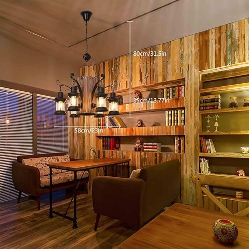 Miniatura 4 de Lámpara de araña de madera retro rústica  La línea de luz de techo de suspensión industrial se puede ajustar libremente araña de madera envejecida