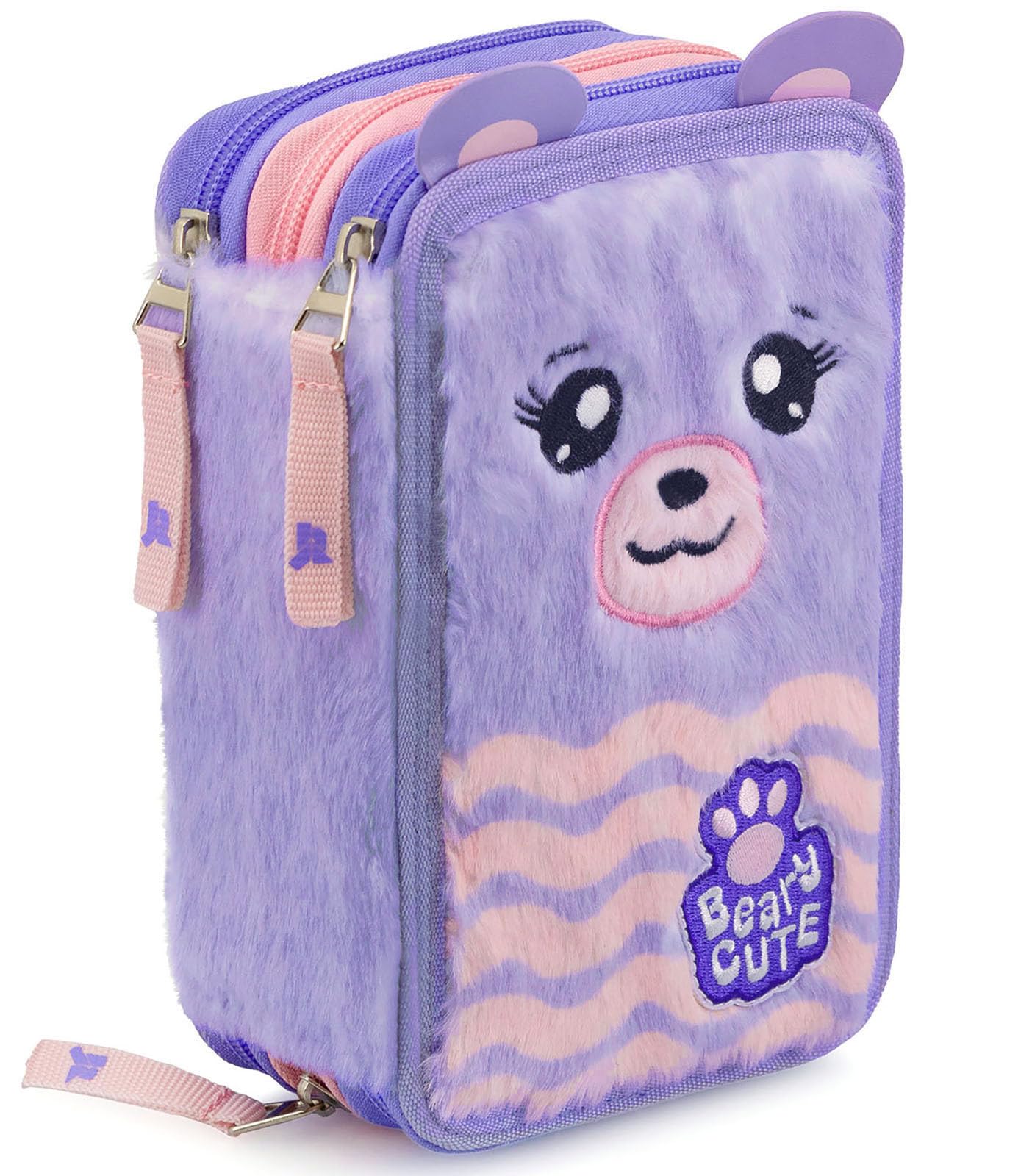 Julian Ross Oso Peluche Fluffy Estuche Triple Relleno para Niñas, 45 Accesorios de Escuela, 3 Cierres de Cremallera, Lápices de Colores, Marcadores, Pegamento, Tijeras