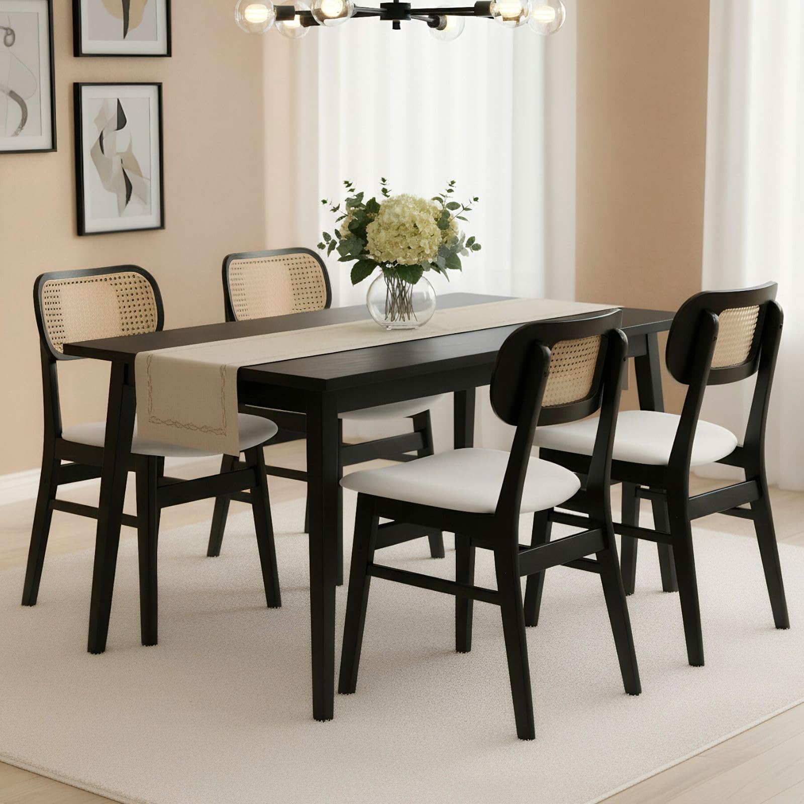 ROCITY Rattan Dining Chairs Set of 4 Black Linen Fabric Dining Room Chairs Natural Wooden Kitchen Chairs Farmhouse Boho