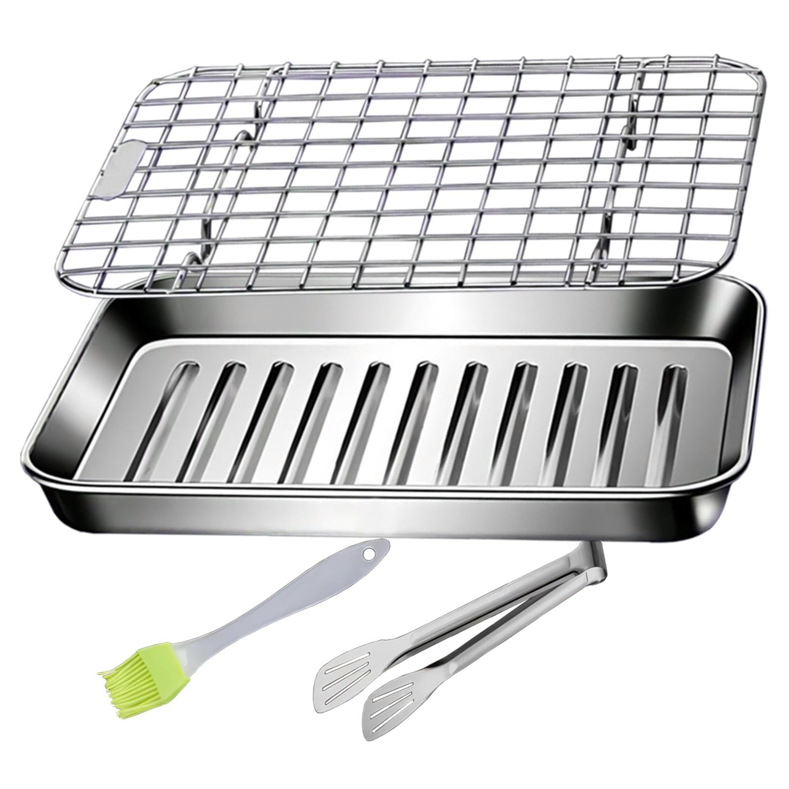 Bandeja para Horno de Acero Inoxidable con Rejilla, Pinzas y Pincel para Aceite. Bandejas metálicas Resistentes a la deformación. Bandeja Rectangular Antiadherente Resistente al ca