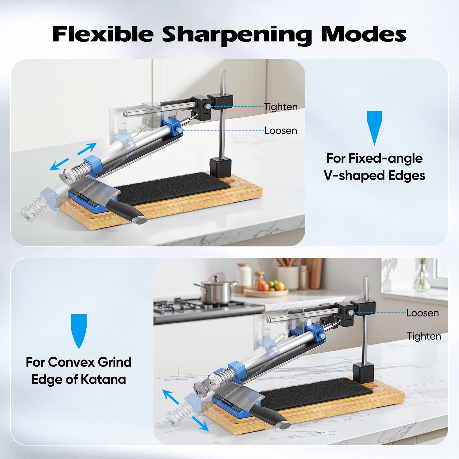 Affilacoltelli manuale con guida angolare – Kit professionale comprensivo di 4 pietre per affilare, adatto a tutti i coltelli da cucina e da outdoor, con base antiscivolo in legno