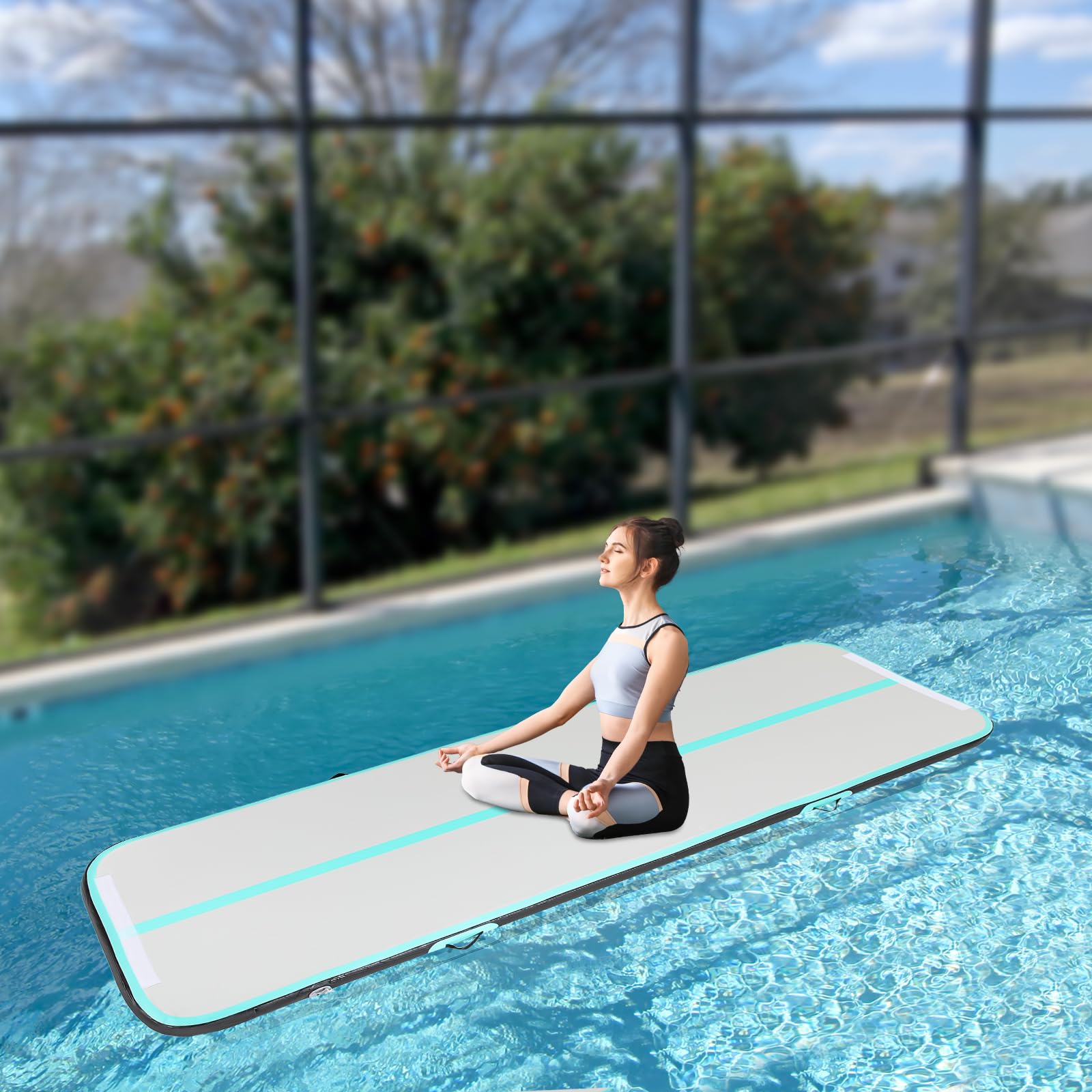 Tapis de gymnastique gonflable de 4 m avec sac de transport et pompe à air électrique, tapis de yoga, tapis de sport, yoga, gym