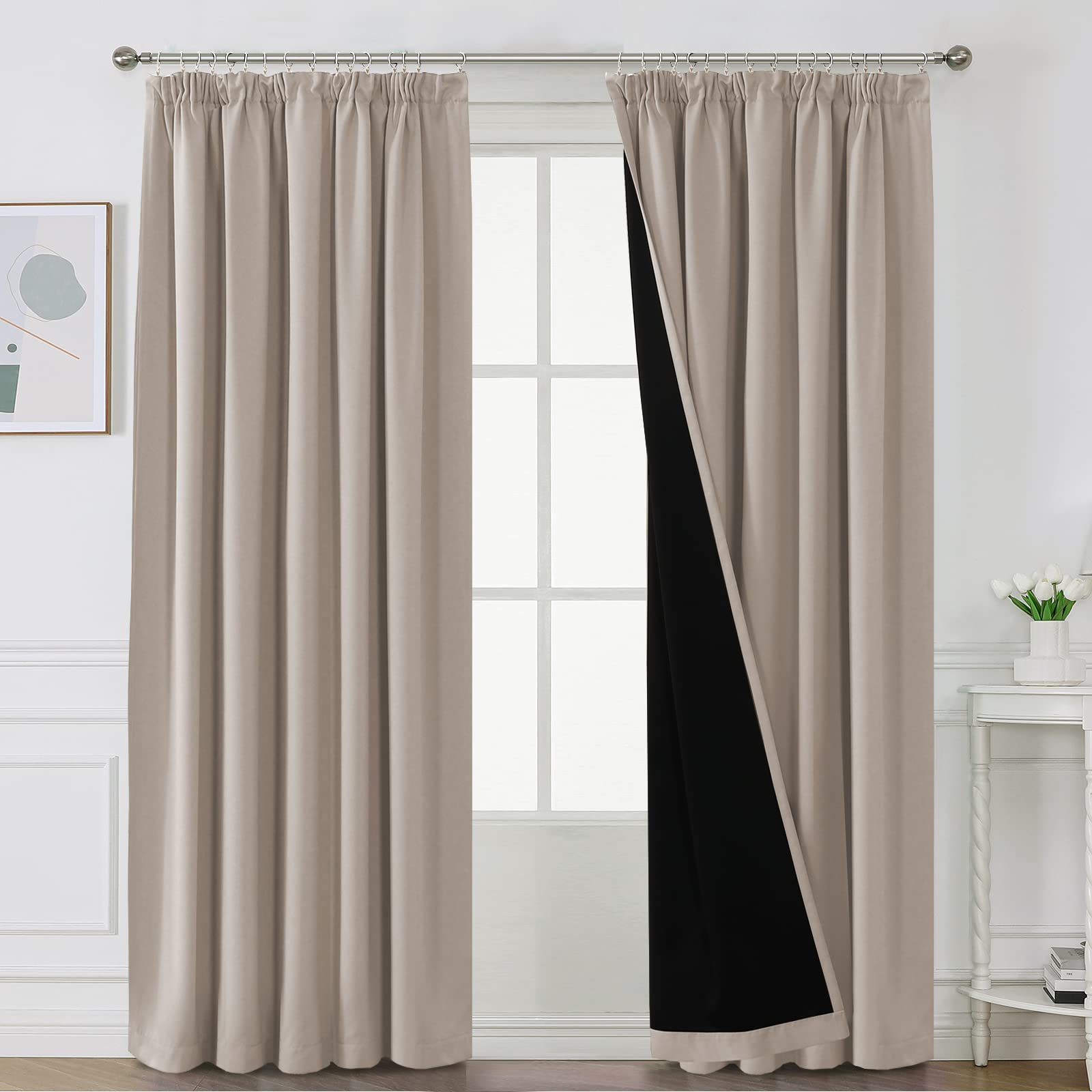 Bellahills Natural Sand 100% Blackout Curtains For Bedroom Thermal Insulated Curtains & Drapes Blackout Curtains Pencil Pleat Curtains For Living Room With Black Liner 2 Panels, 90 X 90 Inch,