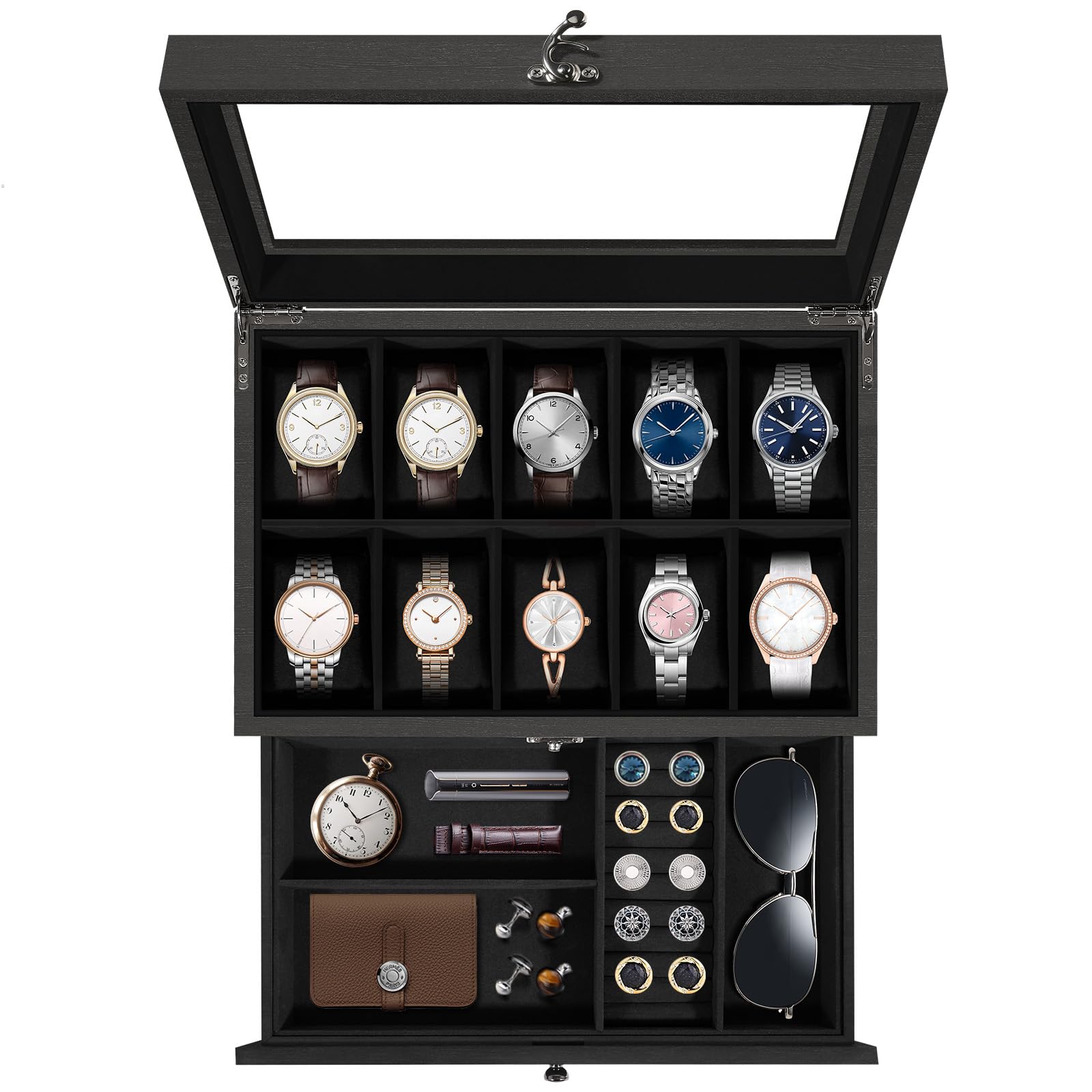 Uten Boîte à Montres 10 Compartiments, 2 Niveaux Coffret à Montres en Bois, Couvercle en Verre, Coffret de Rangement pour Montres, Coussinets Coton de Soie, Doublure Noire, Idée Cadeau