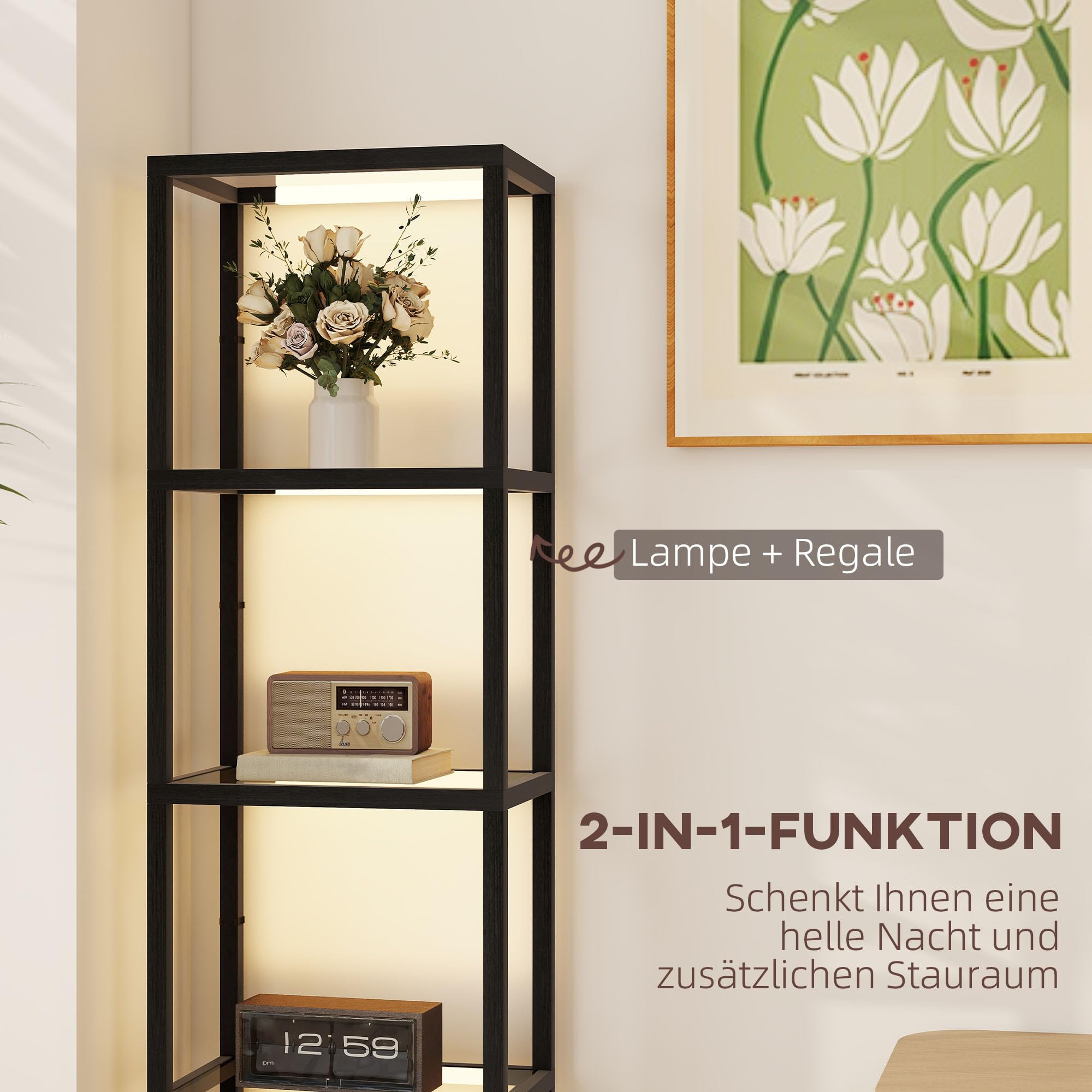 HOMCOM LED Stehlampe Wohnzimmer Dimmbar mit Glasregal 4 Ebenen Schwarz