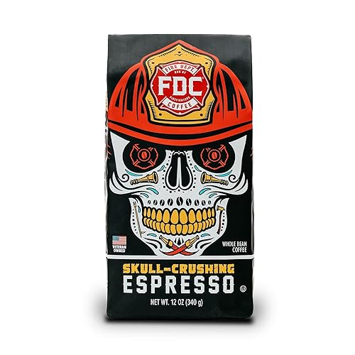 Fire Department Coffee - Propiedad de veteranos - Granos de café expreso trituradores de calavera con cuerpo completo y audaz - Tostado en los