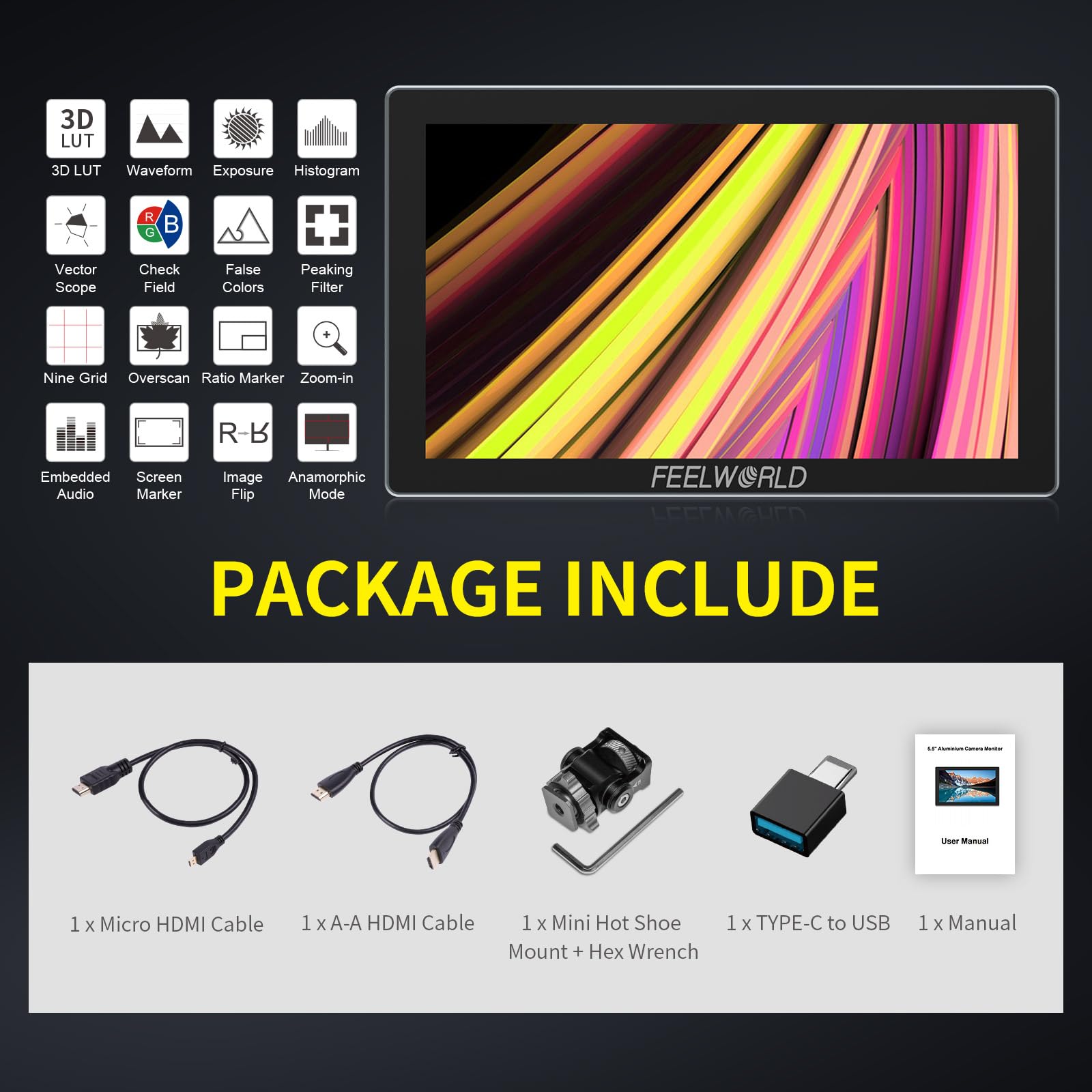 FEELWORLD P6X 5.5-Inch Touchscreen Camera Monitor 1000Nit Camera Field Monitor, Supporta 4K 60Hz, 3D LUT, HDR, involucro in alluminio 9:16 Marker