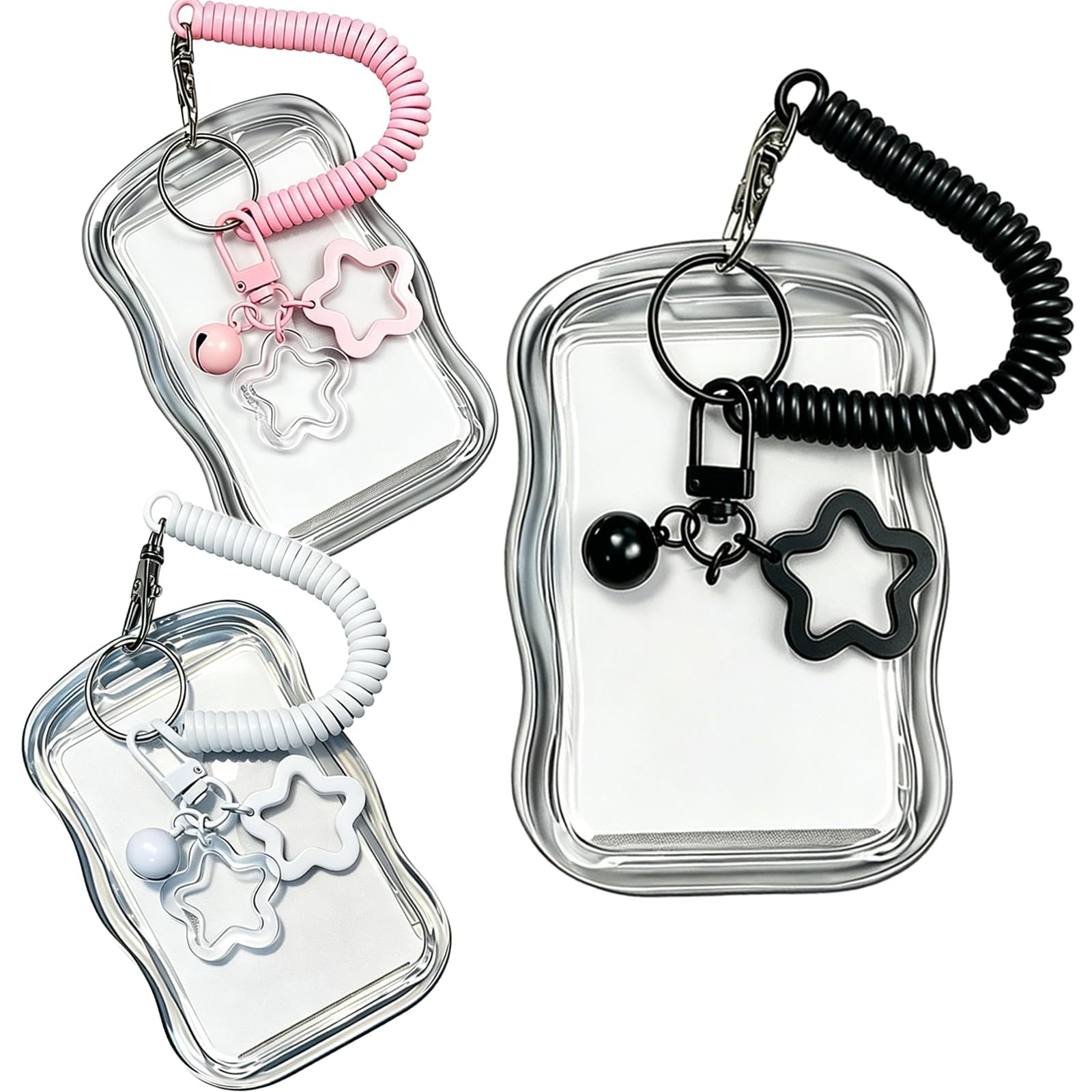 SHENYI 3Pcs Cute Photocard Holder with Star Wave Keychain Cute Photocards Holder for Bus Card Photo Protector ID Badge Display