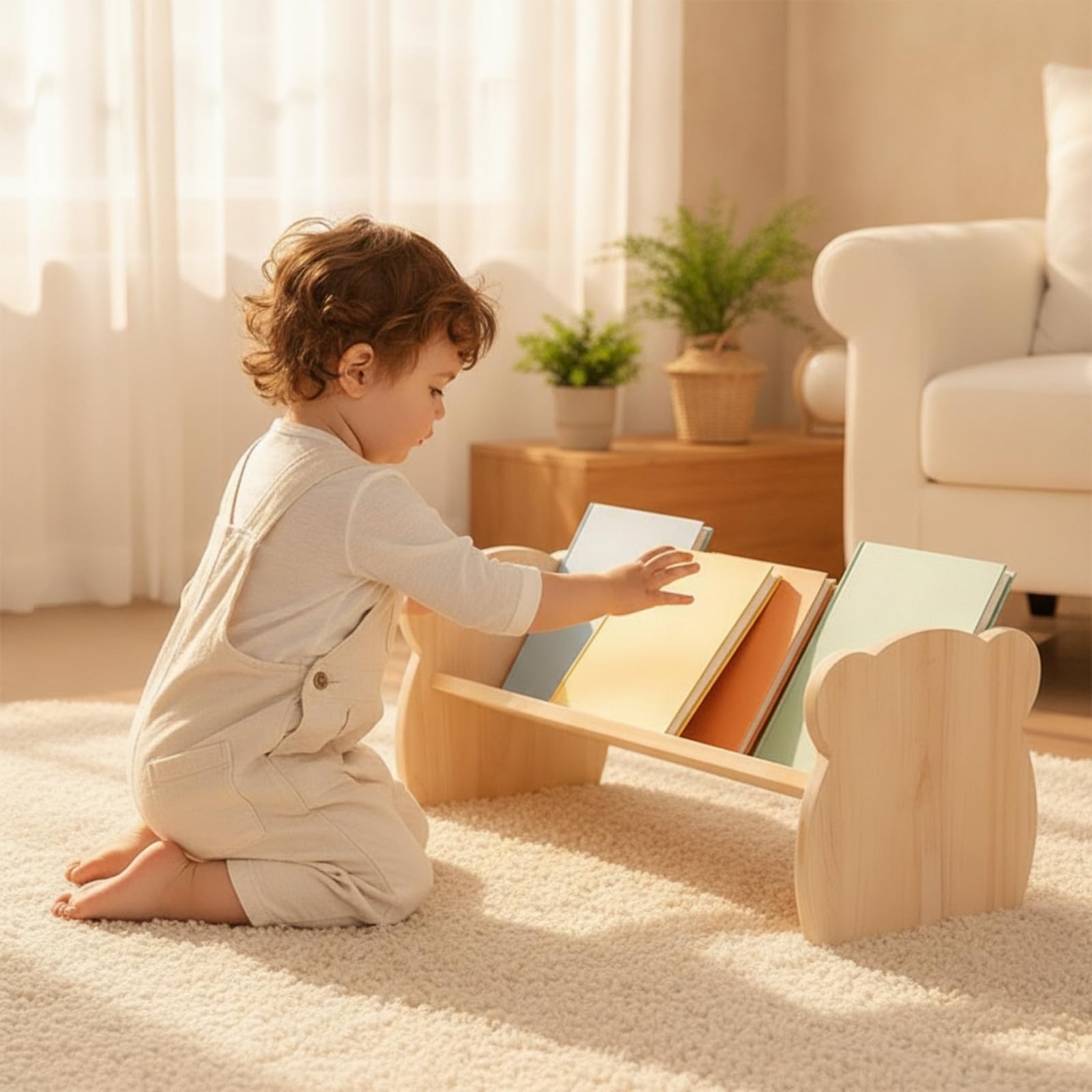 Estantería Infantil Madera bajo Repisa Infantil Diseño Abierto Mueble Juguetero Madera para Sala Juegos, Guardería, Oso