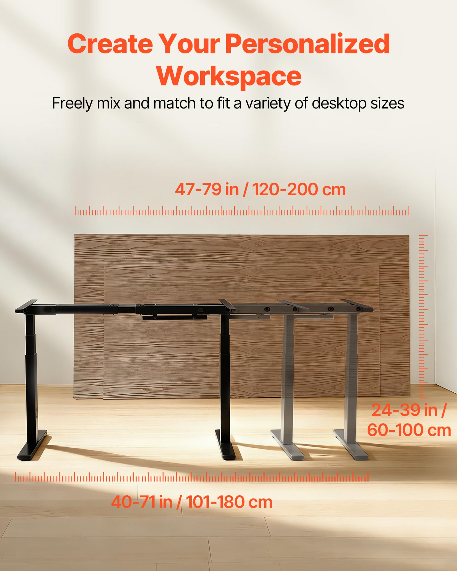 VEVOR Estructura de Mesa Elevable, Doble Motor, Altura Ajustable 60-125 cm Longitud 101-180 cm, Patas de Mesa con Control Inteligente, Marco de Escritorio Elevable Eléctrico para Oficina Hogar, Negro