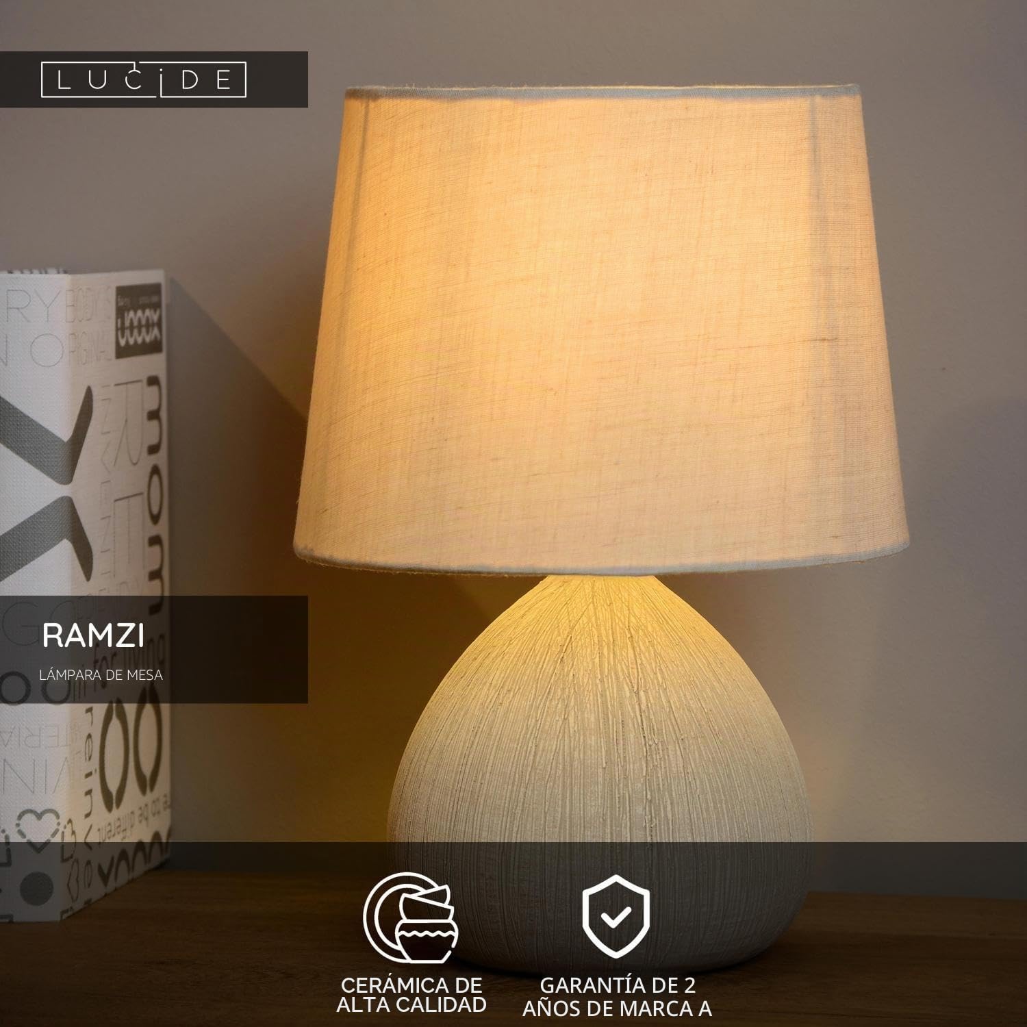 LUCIDE RAMZI - Lámpara de mesa - Ø 18 cm - 1xE14 - Beige