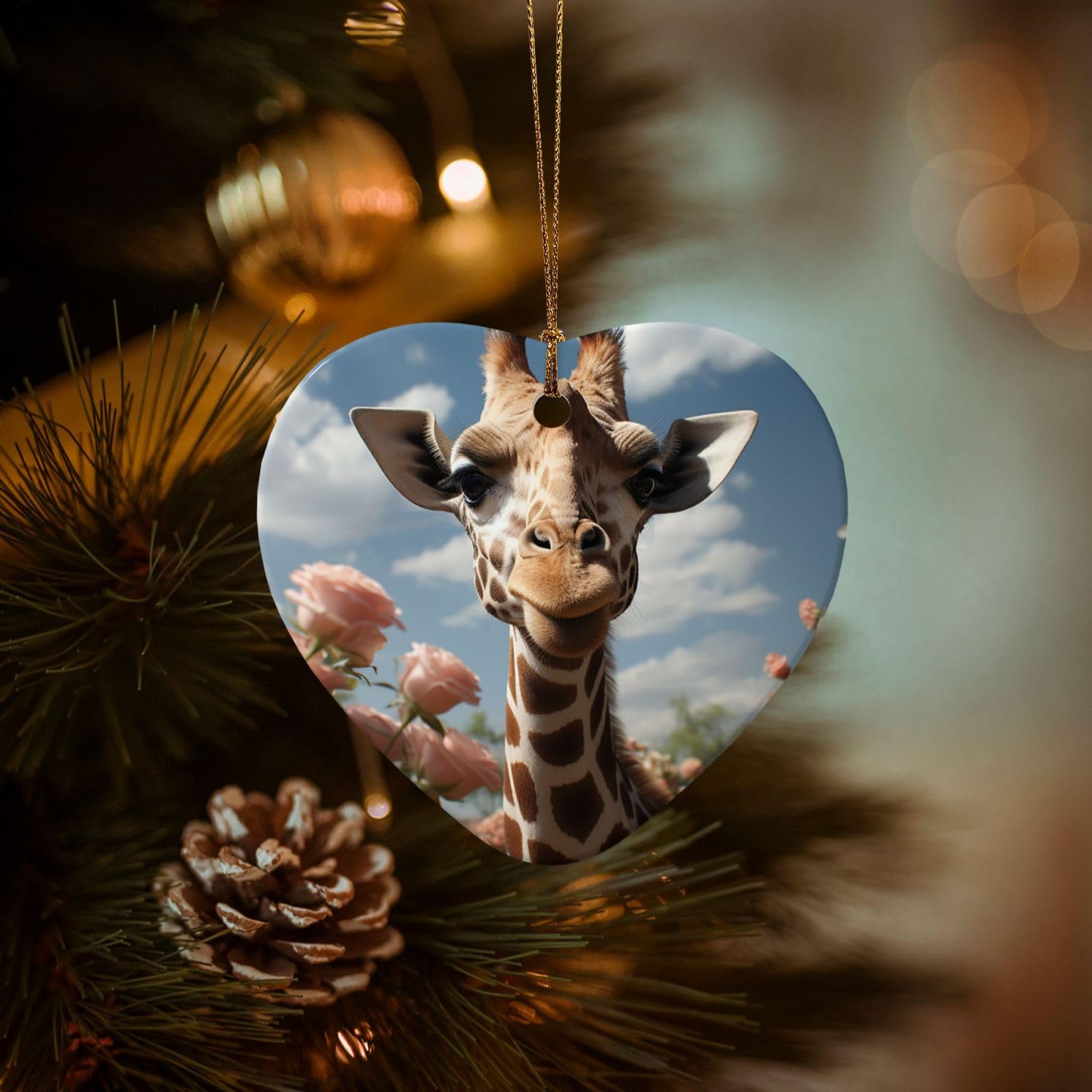 Christmas Tree Ornaments Ceramics Christmas Decorations Beautiful Giraffe Ornaments with Gold Ribbon Porcelain Xmas Tree Crafts Heart Shape Hanging Pendant for Christmas Tree Party Decor