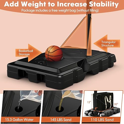 Miniatura 5 de Giantex Aro de baloncesto portátil para exteriores, sistema de soporte de baloncesto ajustable de altura de 8 a 10 pies para adultos con tablero